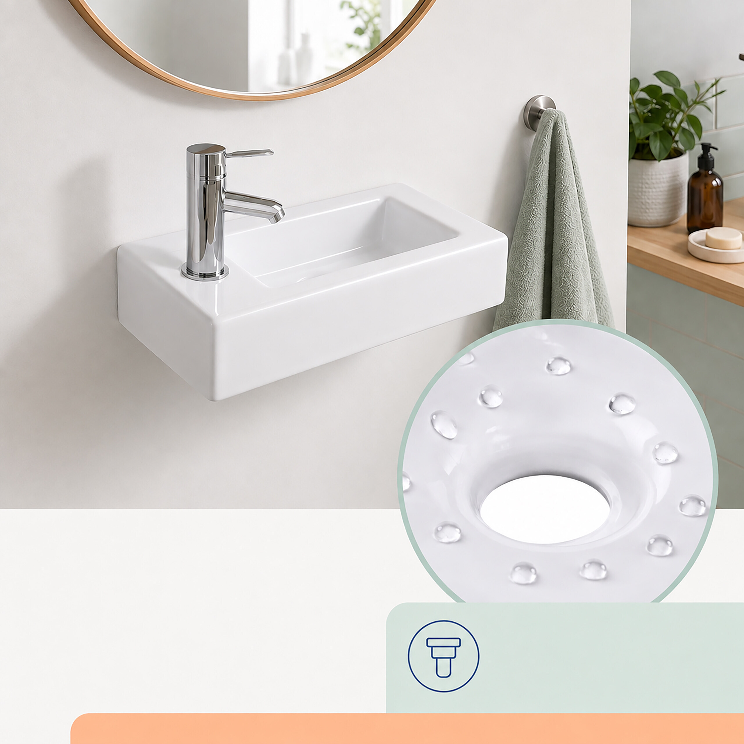 Ein weißes Wandwaschbecken mit Chromarmatur und einem kreisrundem Detailausschnitt mit Wassertropfen.