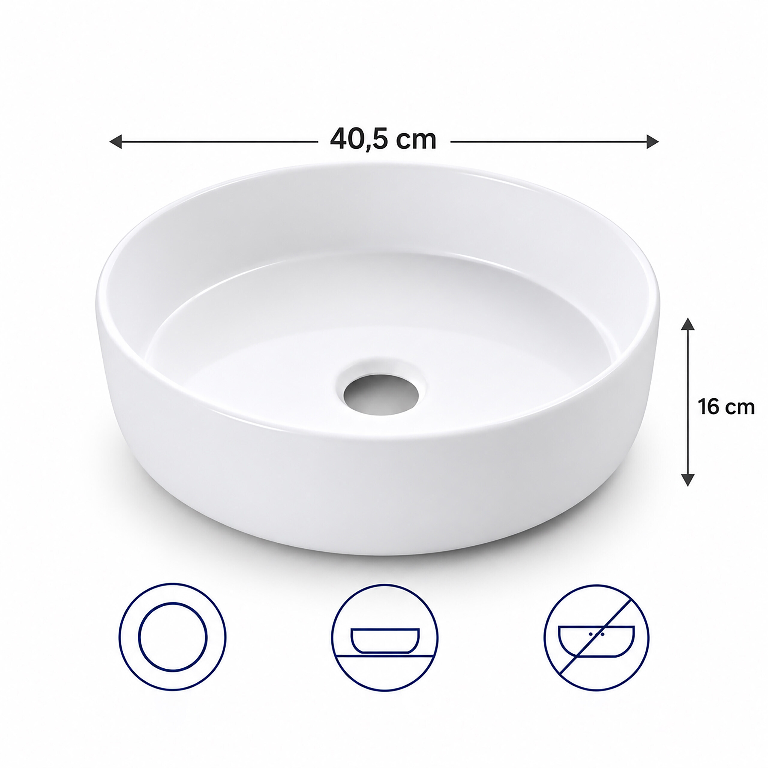 Weißes rundes Keramik-Waschbecken mit 40,5 cm Breite und 16 cm Höhe, mit blauen Symbolen.