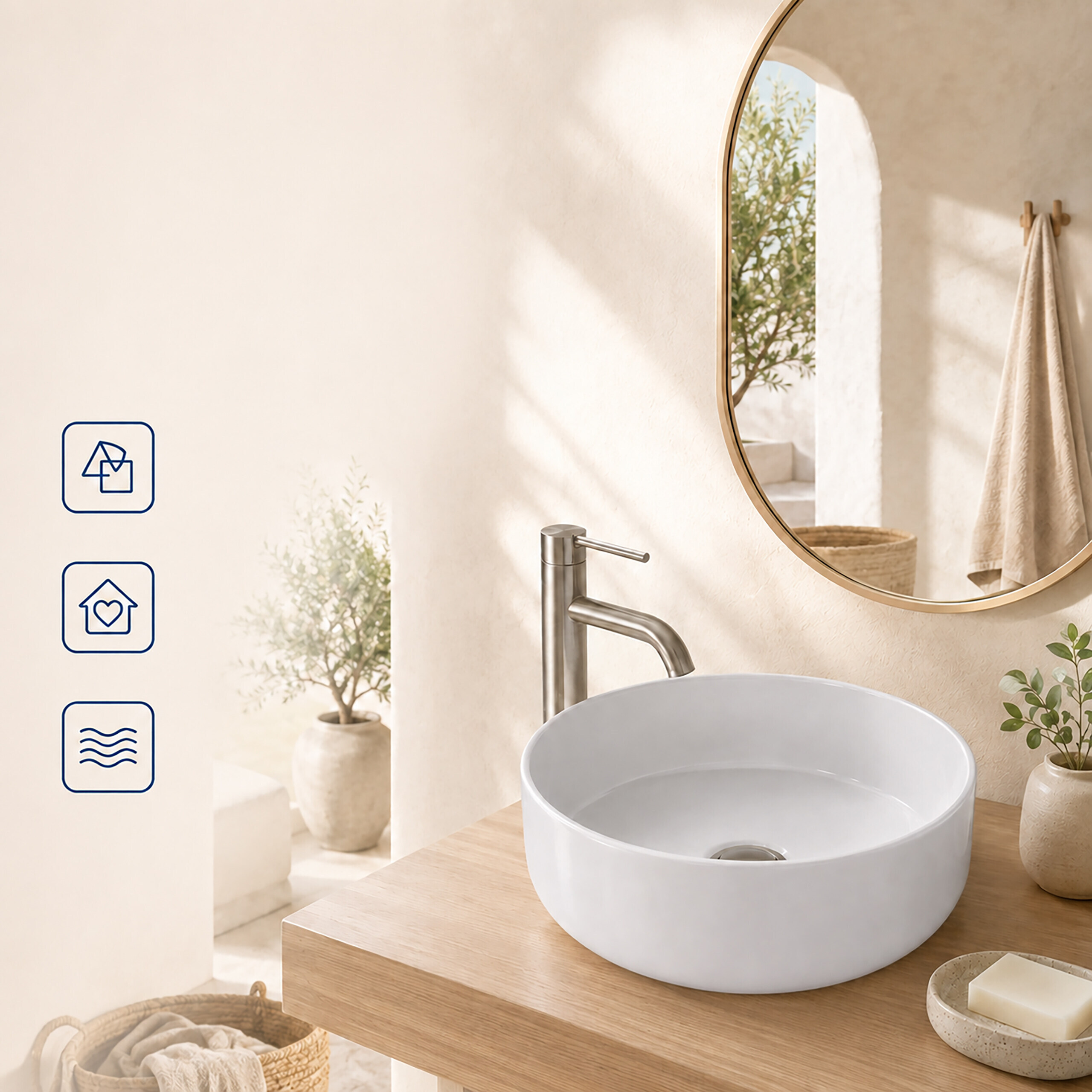 Beige Badezimmer mit rundem Waschbecken auf Holzplatte und rundem Spiegel.