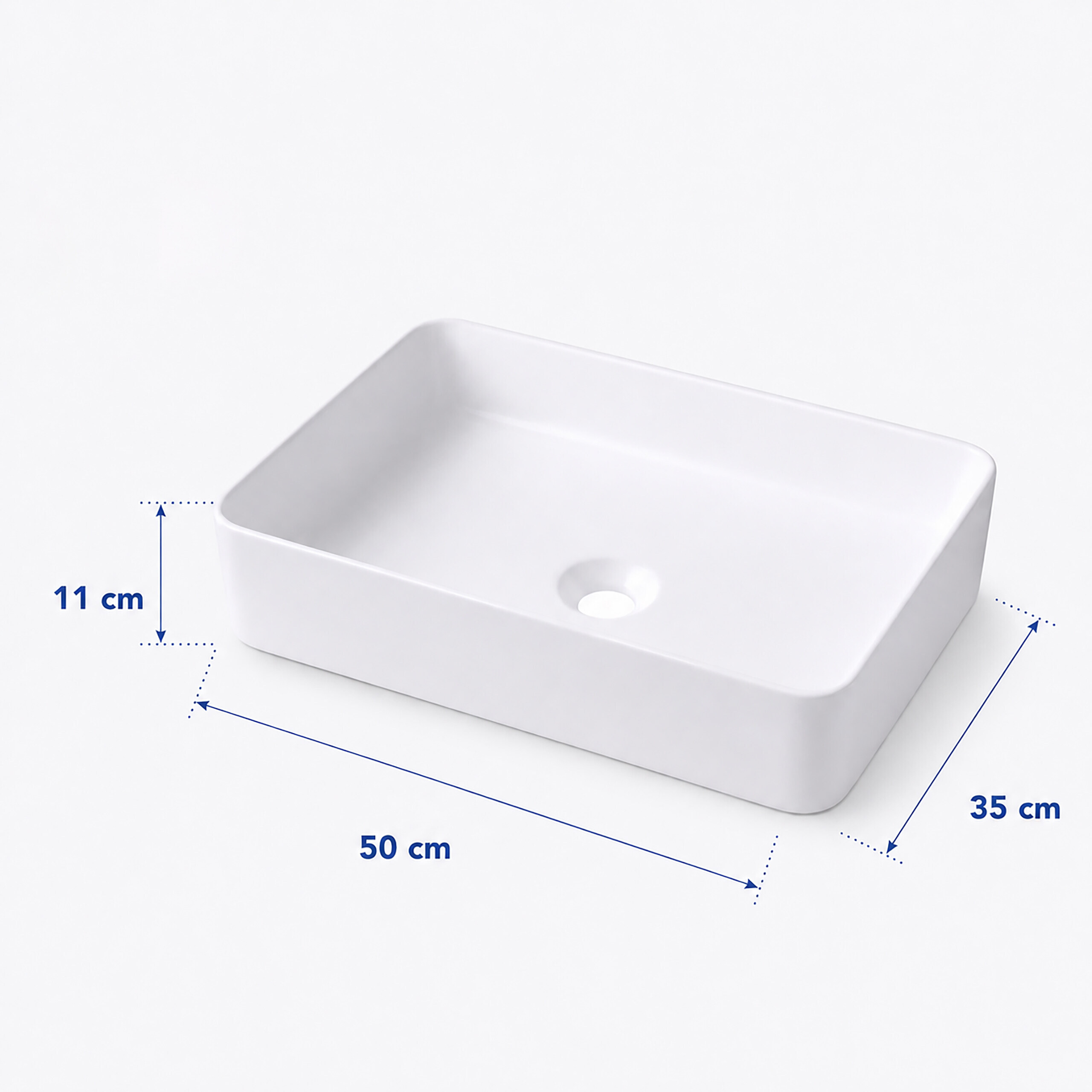 Weißes Waschbecken auf weißem Grund mit Bemaßung von 50x35x11 cm.