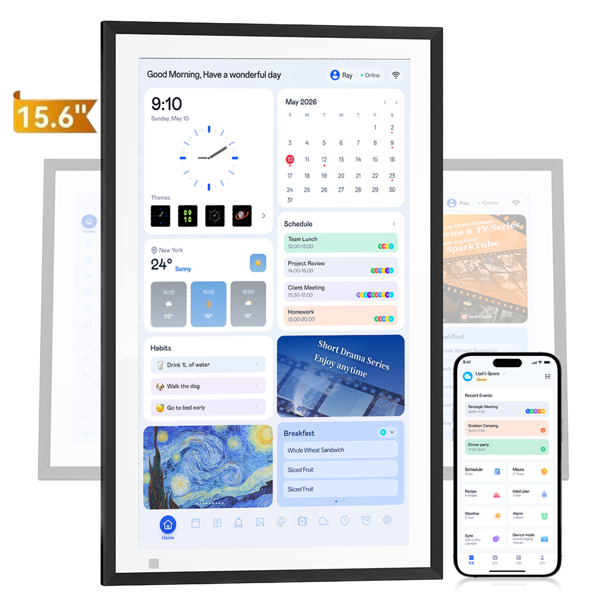 Ein 15,6-Zoll-Smart-Display zeigt Kalender, Wetter und Aufgaben, daneben eine Smartphone-App.