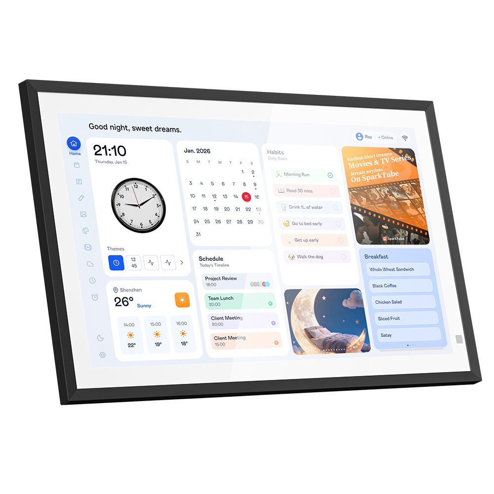 Ein schwarzes Smart-Home-Display mit Uhrzeit, Wetter, Kalender und Habit-Tracker.