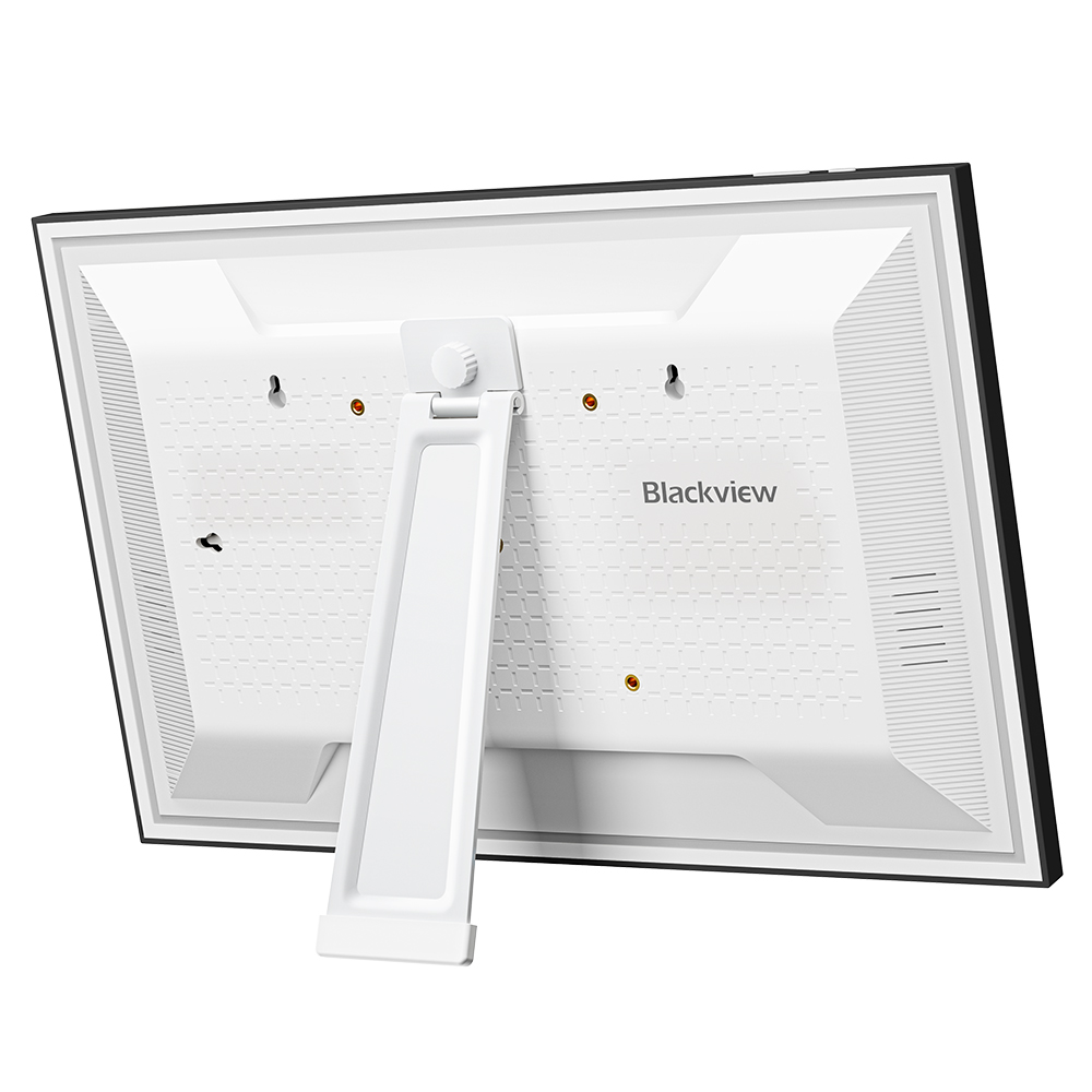 Rückansicht eines weißen Blackview-Tablets mit zentralem Ständer und Montagelöchern auf weißem Hintergrund.