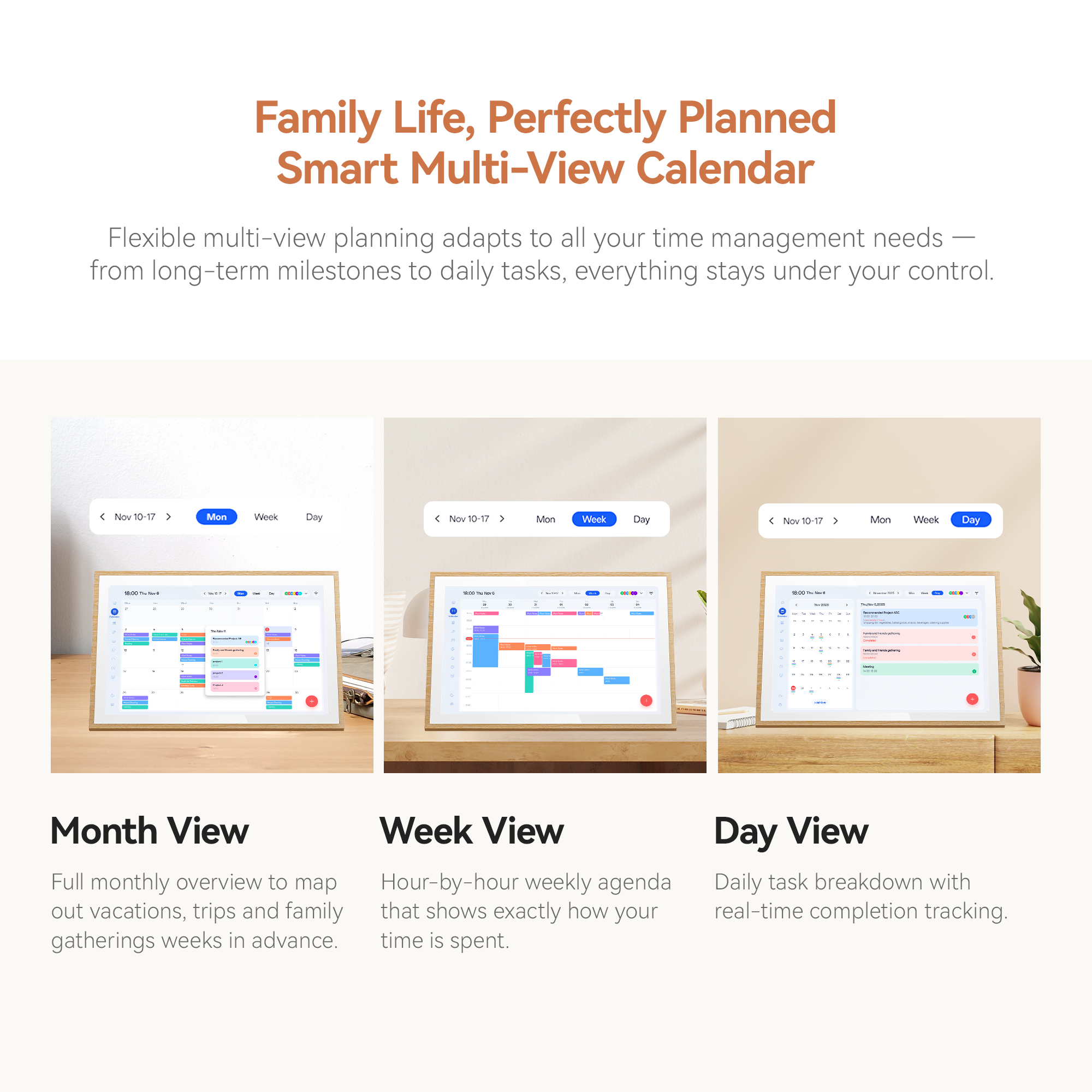 Ein digitaler Smart-Kalender auf einem Holztisch zeigt Monat, Woche und Tag Ansichten.