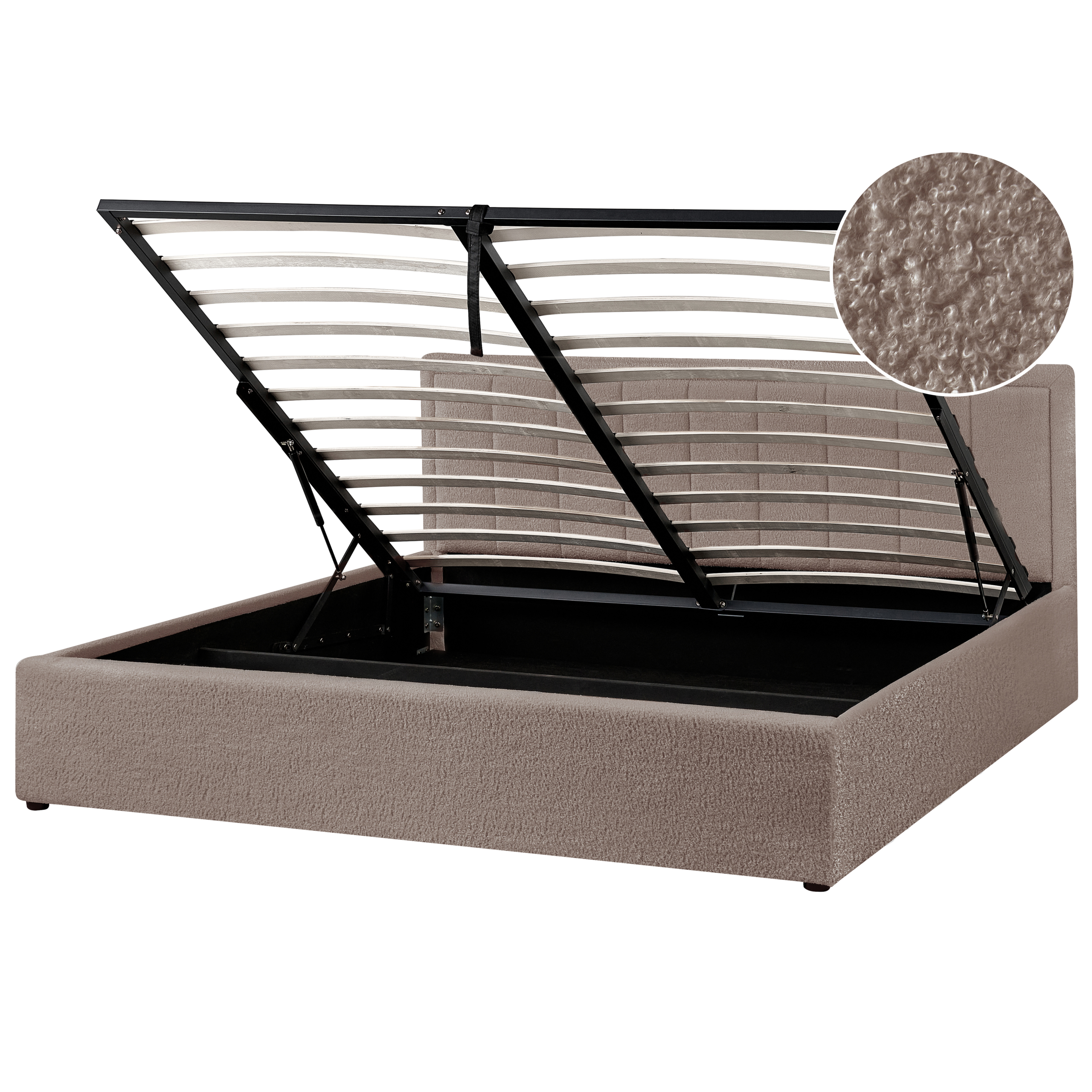 Beiges Bett mit hochgeklapptem Lattenrost und Stauraum.