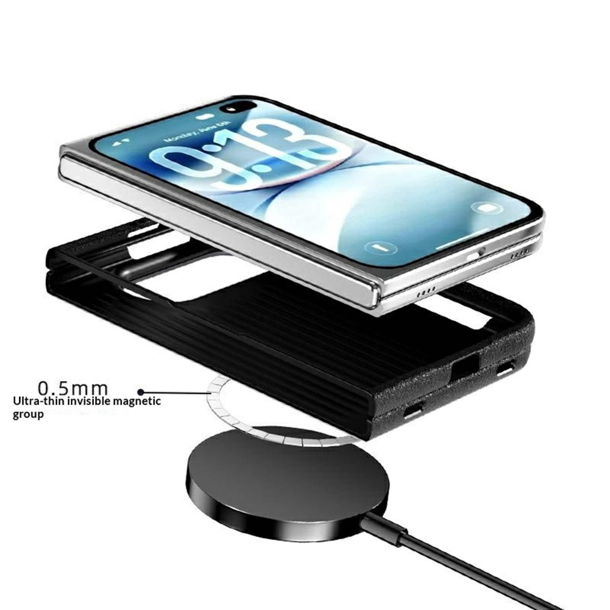 Ein Smartphone schwebt über einer schwarzen Schutzhülle und einem runden magnetischen Ladegerät.
