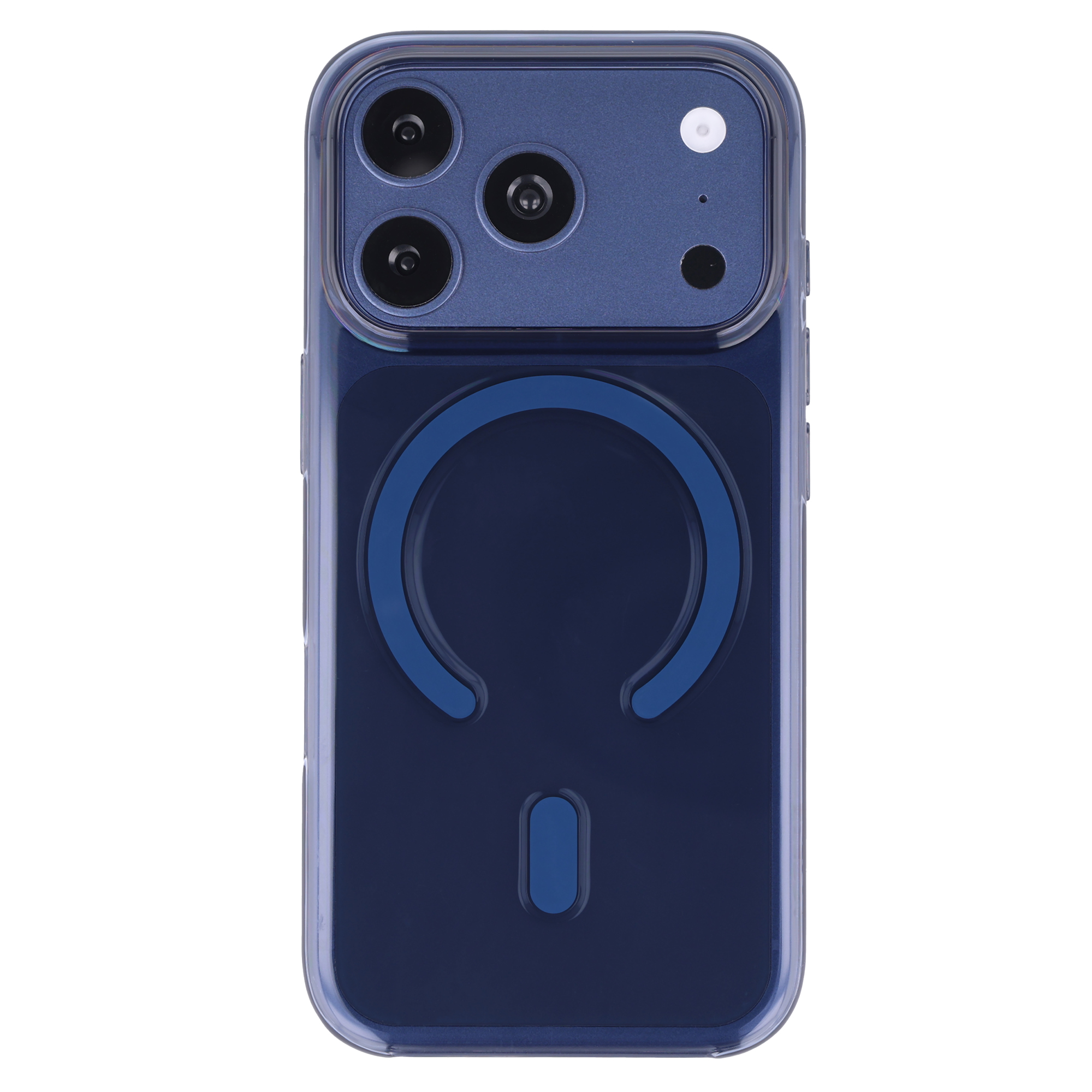 Blaue Smartphone-Rückseite in einer klaren Hülle mit dreifacher Kamera und kreisförmigem MagSafe-Ring.