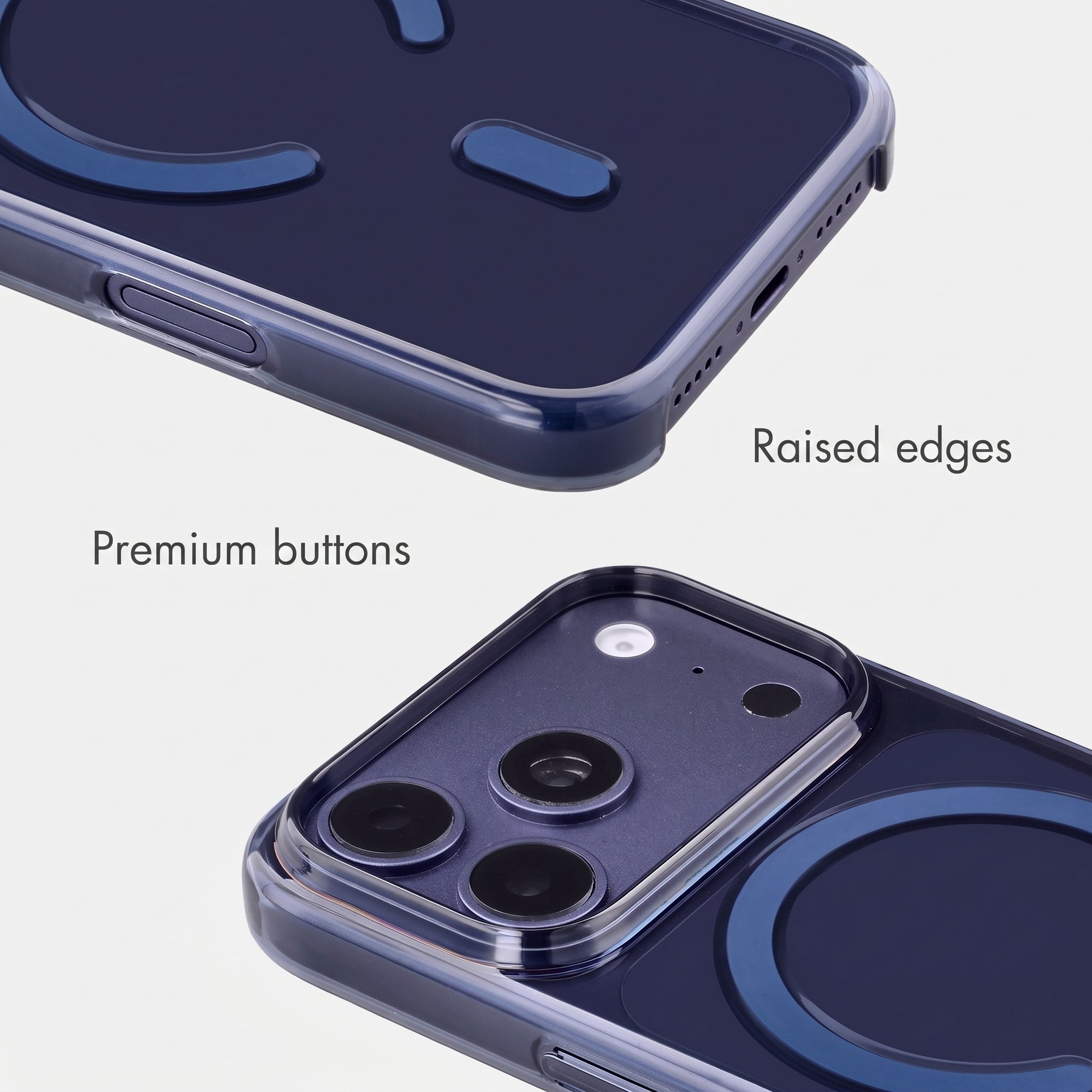 Blaue Smartphone-Hülle mit erhöhten Rändern und hochwertigen Tasten.