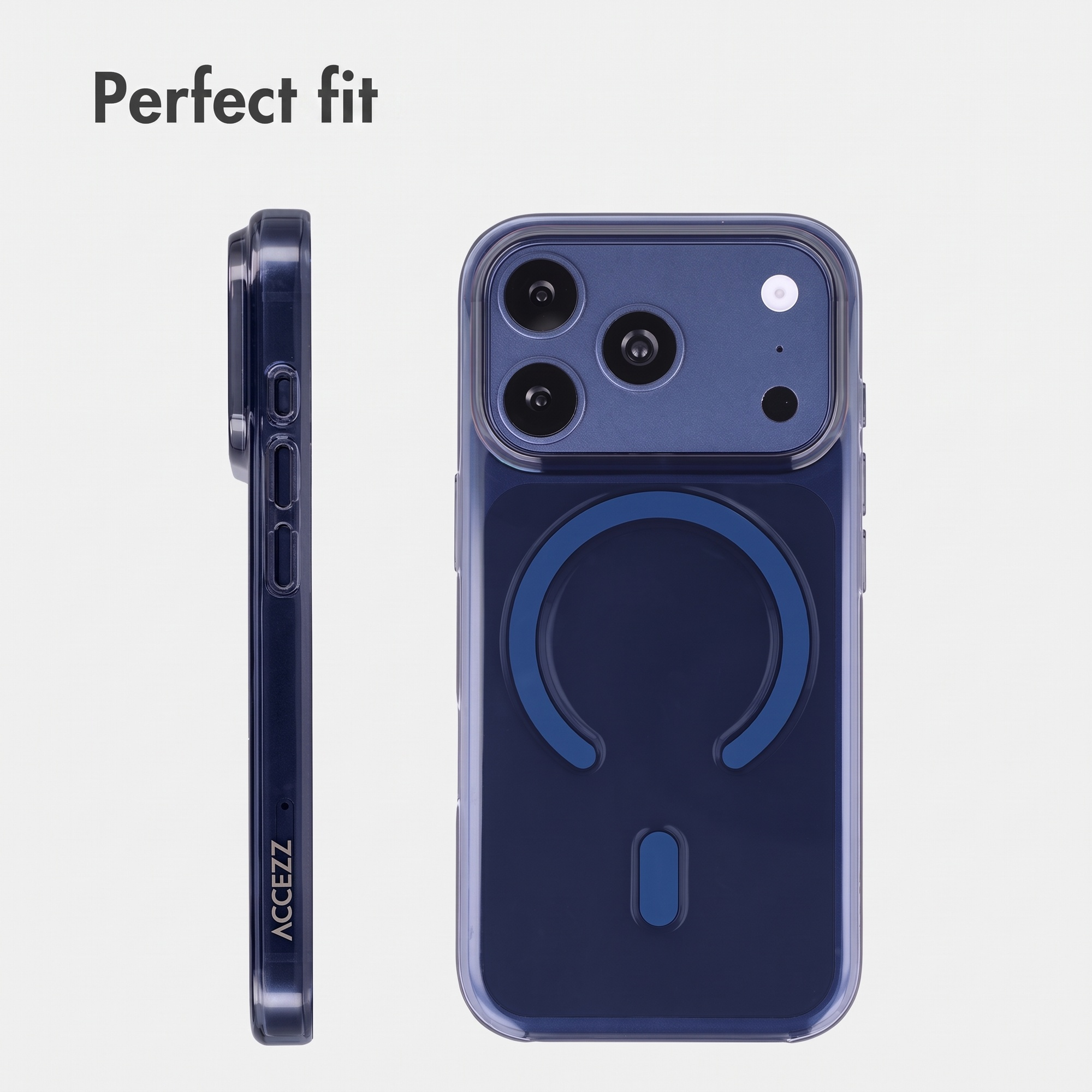 Blaues Smartphone in transparenter Hülle mit Magnetring, von hinten und der Seite. Text lautet Perfect fit.