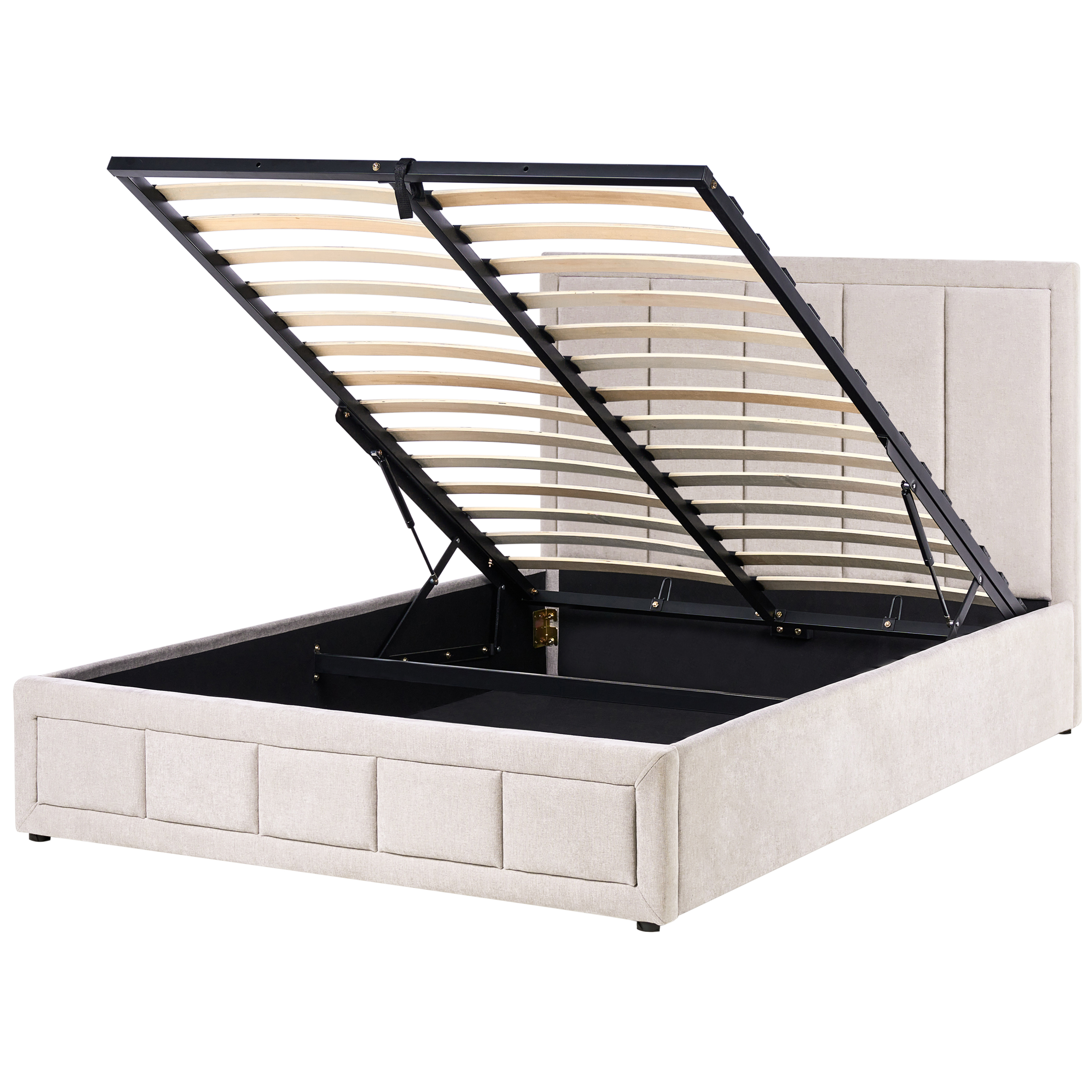 Beige gepolstertes Bett mit offenem Lattenrost, das Stauraum im Inneren zeigt.