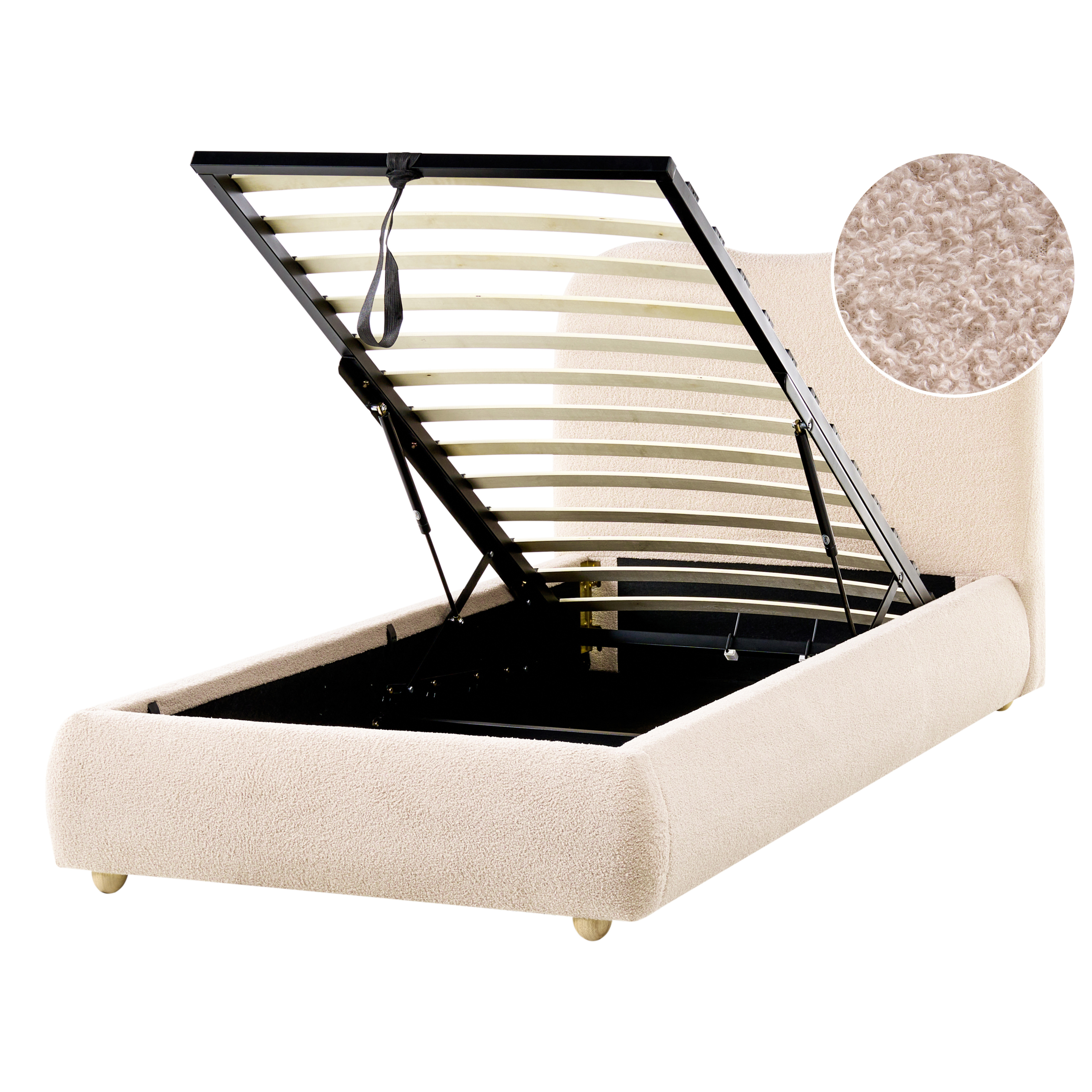 Letto beige con rete sollevata e contenitore, dettaglio del tessuto bouclé in alto a destra.