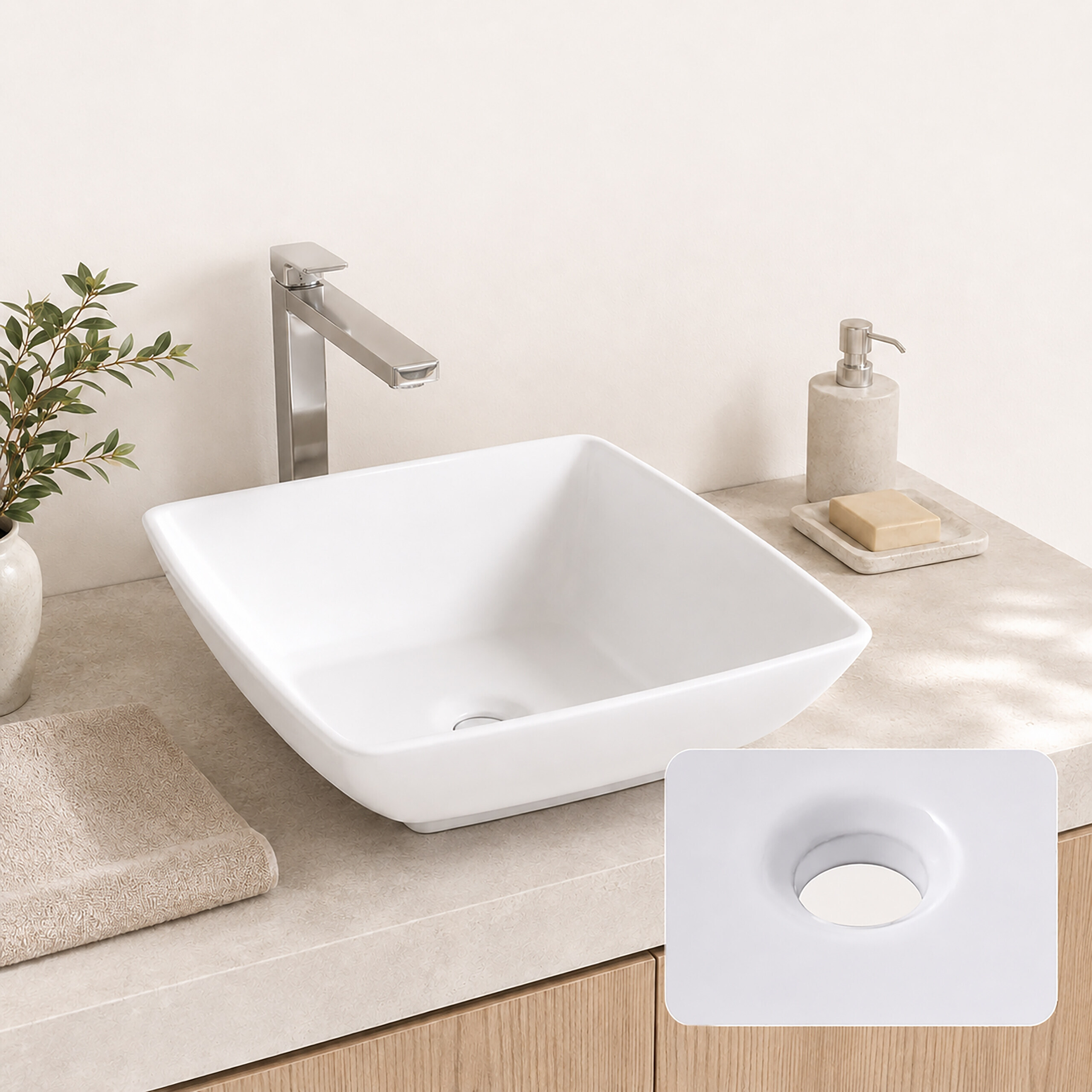 Ein weißes quadratisches Aufsatzwaschbecken auf einer Arbeitsplatte mit modernen Armaturen, Seifenspender und Handtuch.