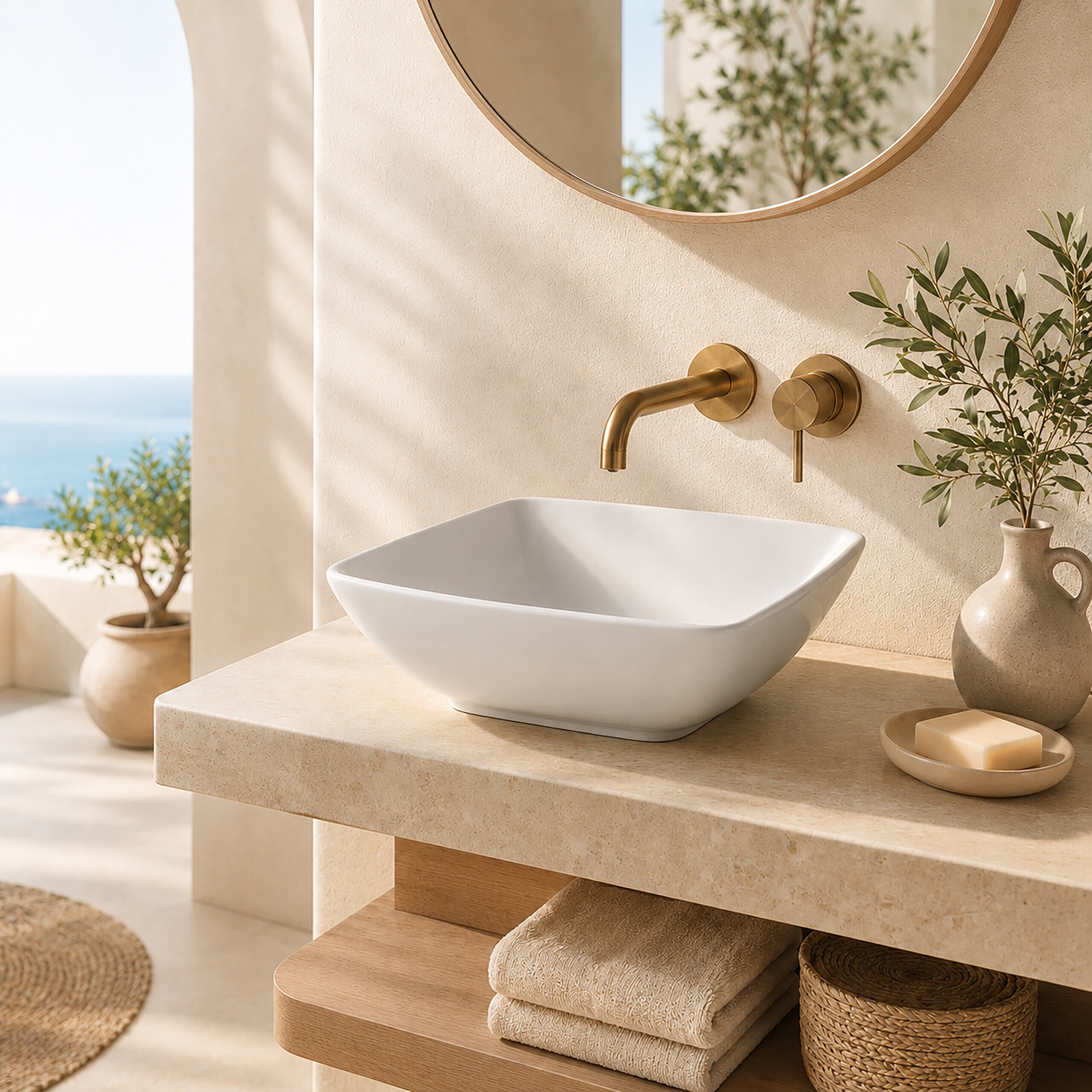Moderne Badezimmerwaschbecken mit Goldarmaturen, Seife und Pflanzen auf beige Steinarbeitsplatte.