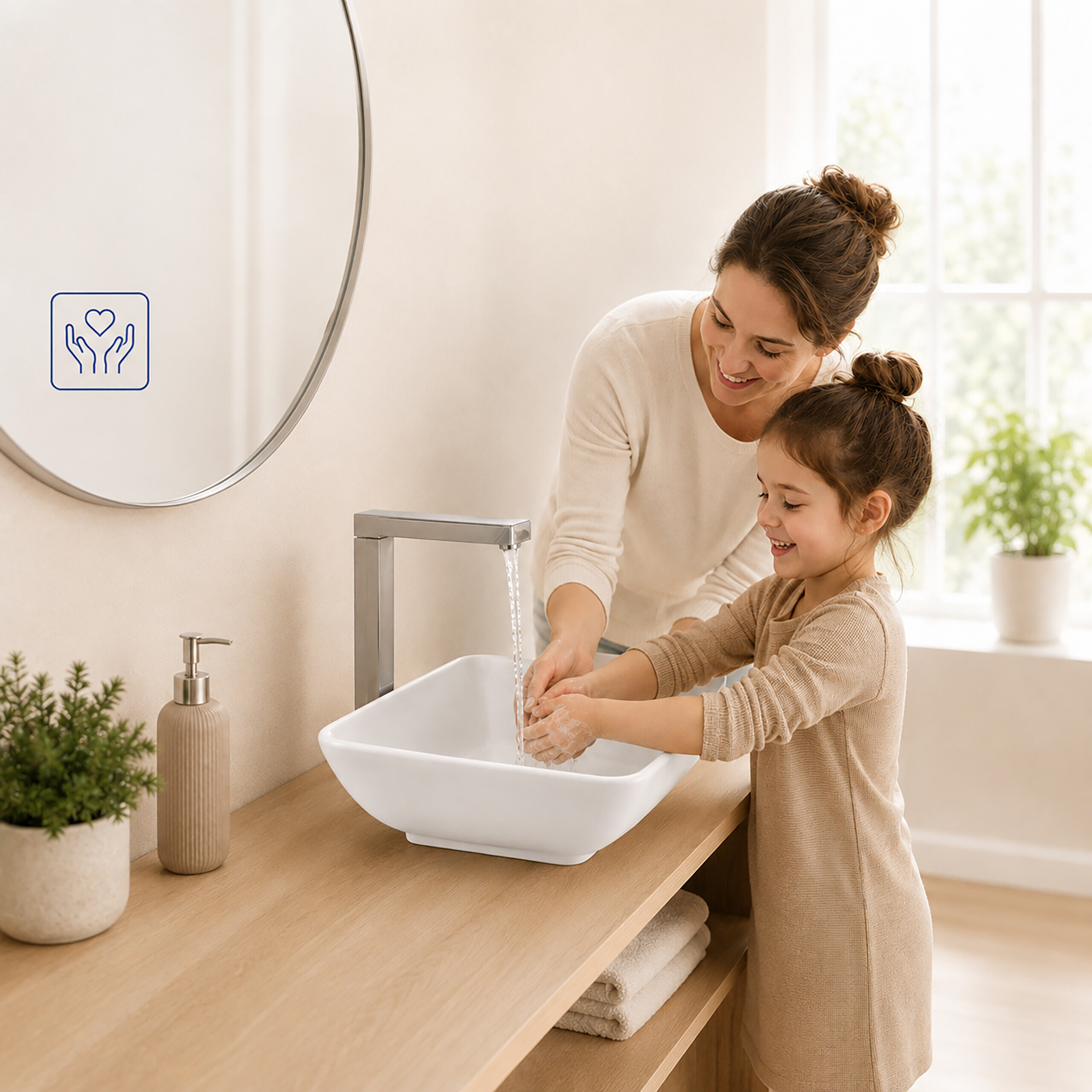 Mutter hilft ihrer Tochter beim Händewaschen am Waschbecken in einem hellen Badezimmer.