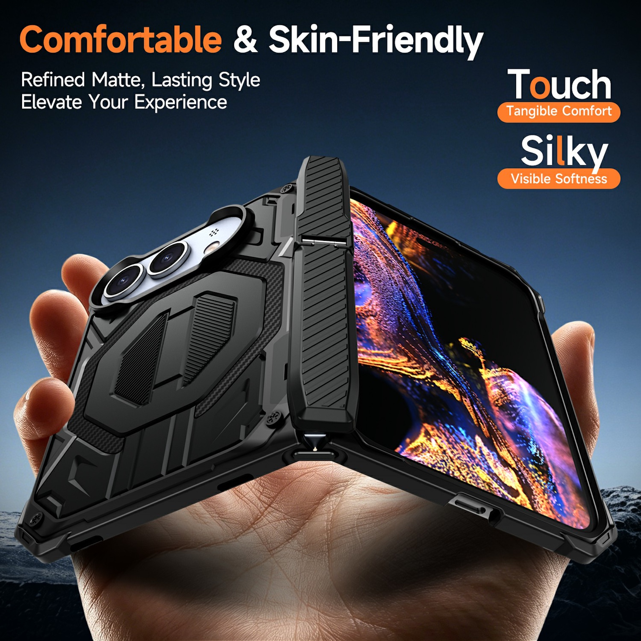 Eine Hand hält ein schwarzes Smartphone mit robuster Hülle und farbigem Display.