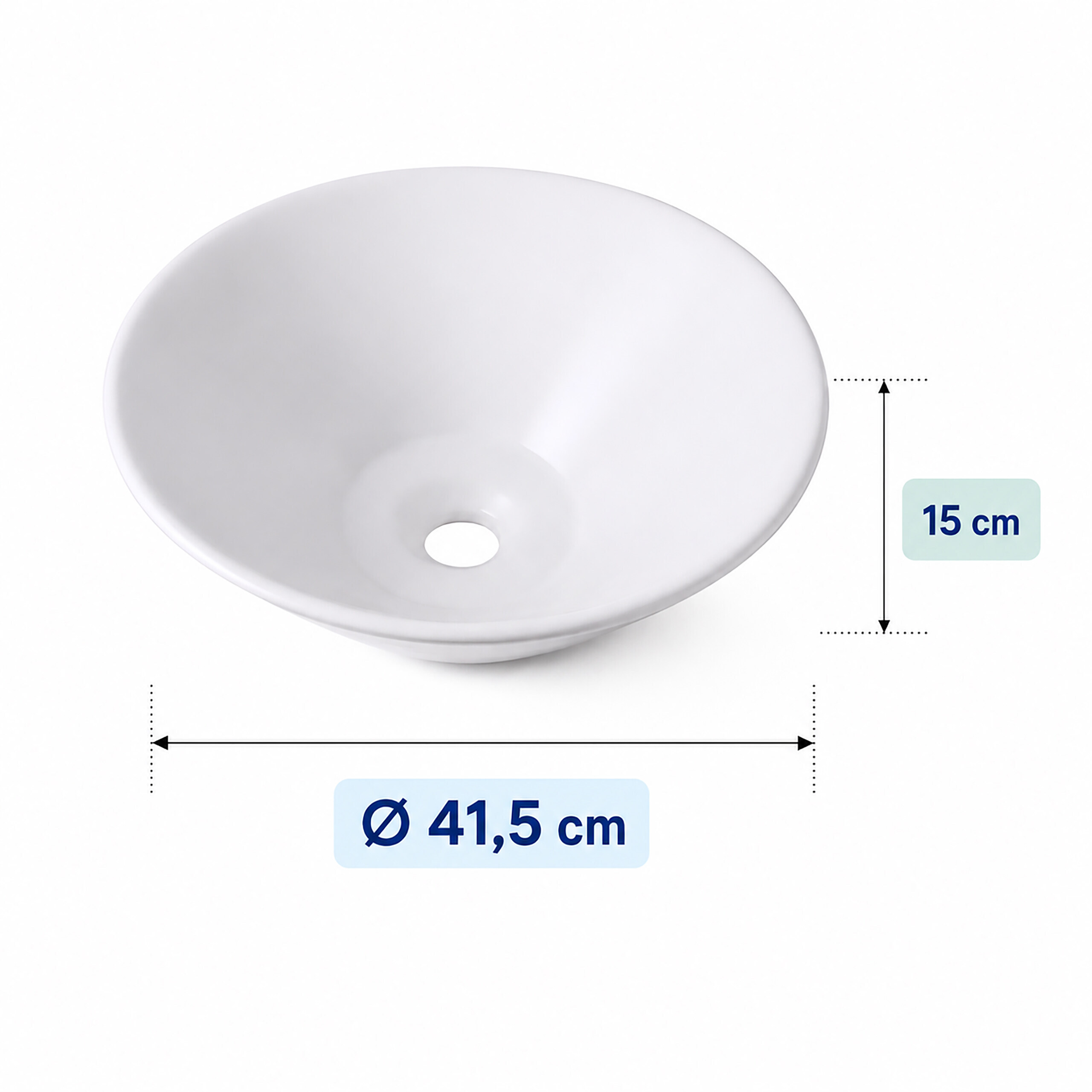 Weißes, rundes Aufsatzwaschbecken mit Maßen: Durchmesser 41,5 cm, Höhe 15 cm.