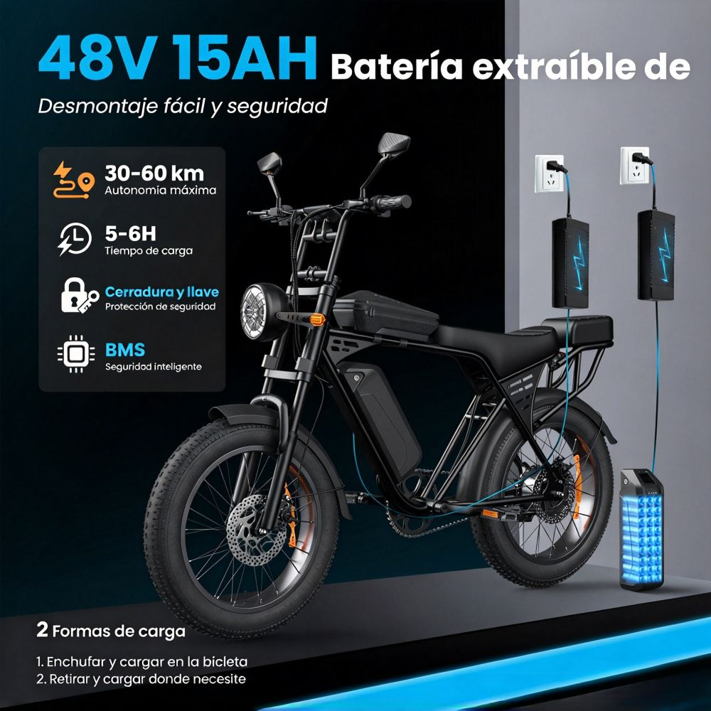 Bicicleta eléctrica negra con batería de 48V 15Ah, opciones de carga y especificaciones.