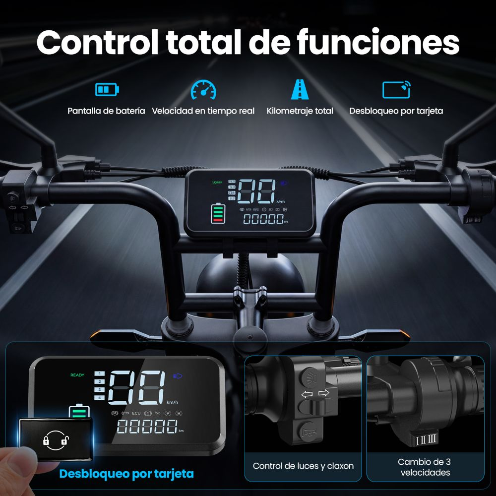 Manillar de bicicleta eléctrica con pantalla digital y controles para luces, bocina y marchas.