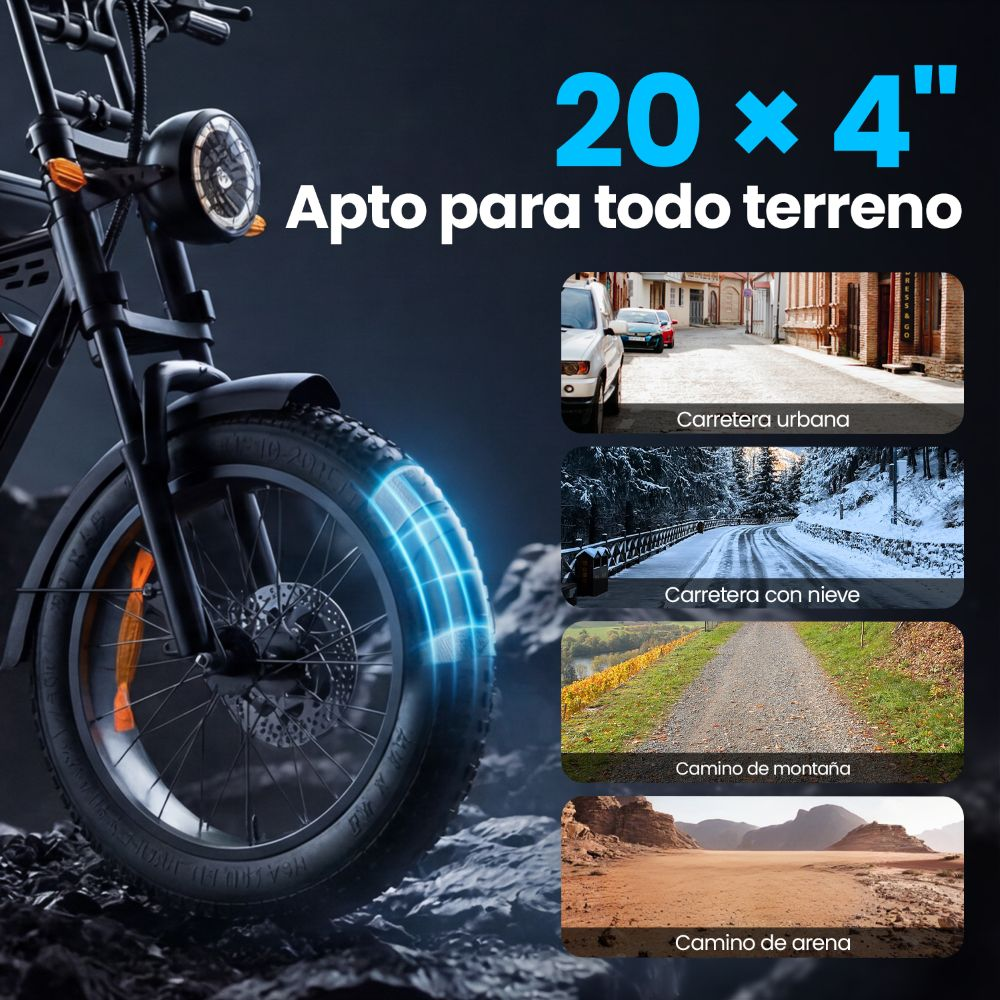 Bicicleta eléctrica con neumáticos anchos para todo terreno como ciudad, nieve, montaña y arena.