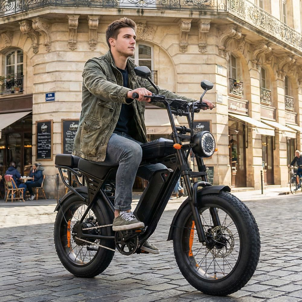 Un joven monta en una moderna bicicleta eléctrica negra por una calle histórica empedrada.