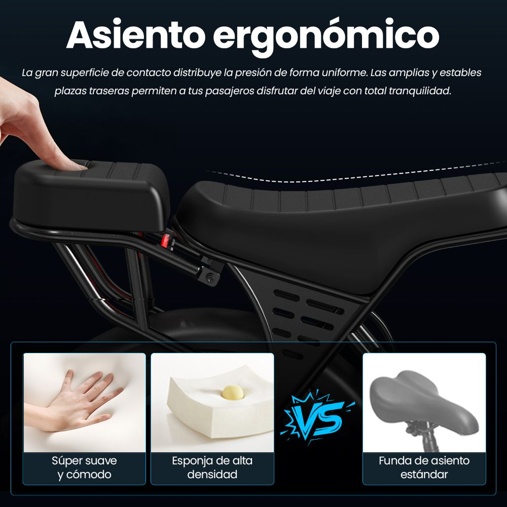 Asiento ergonómico para bicicleta eléctrica con espuma suave, comparado con un asiento estándar.