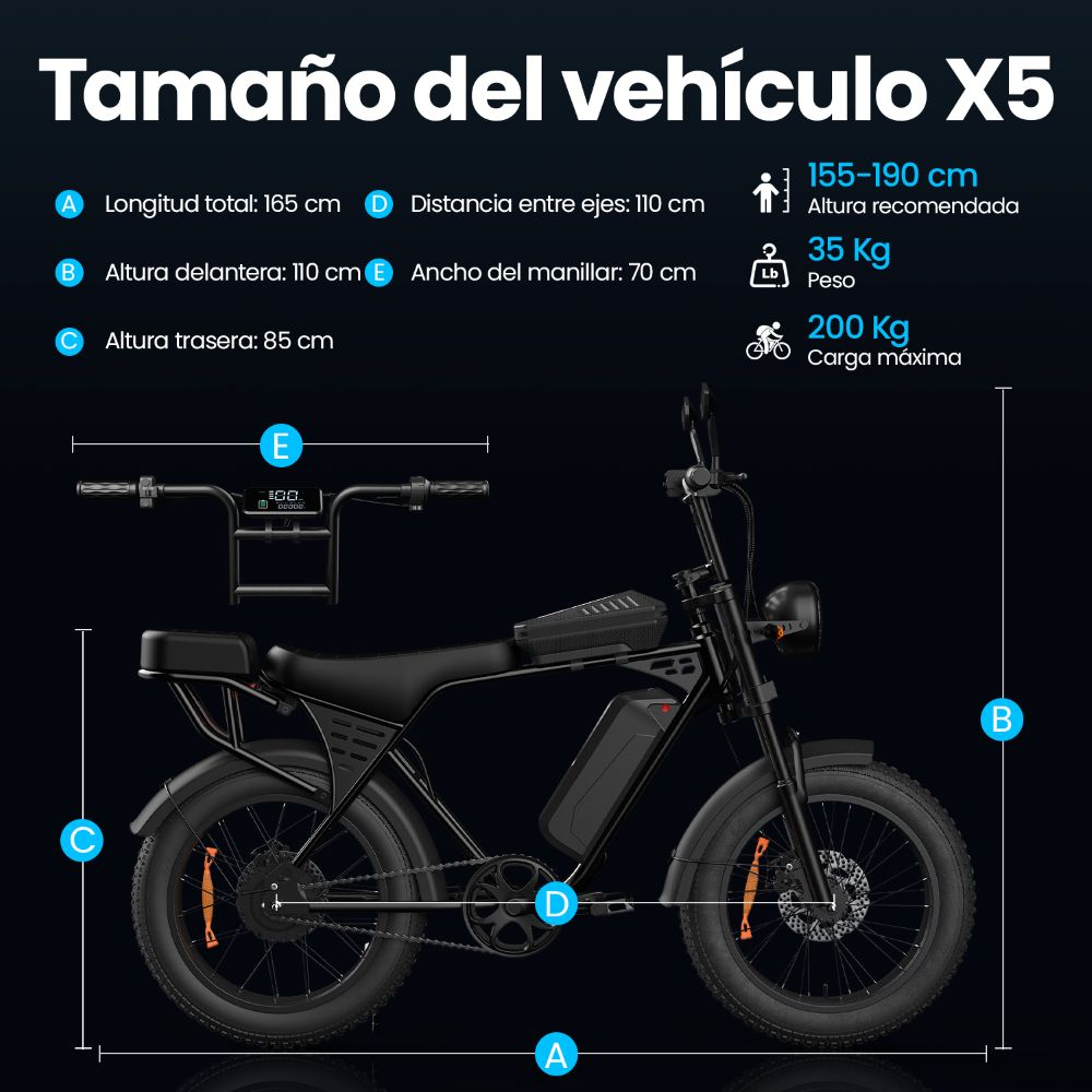 Diagrama técnico y dimensiones de una bicicleta eléctrica negra con detalles de longitud, altura, peso y carga.