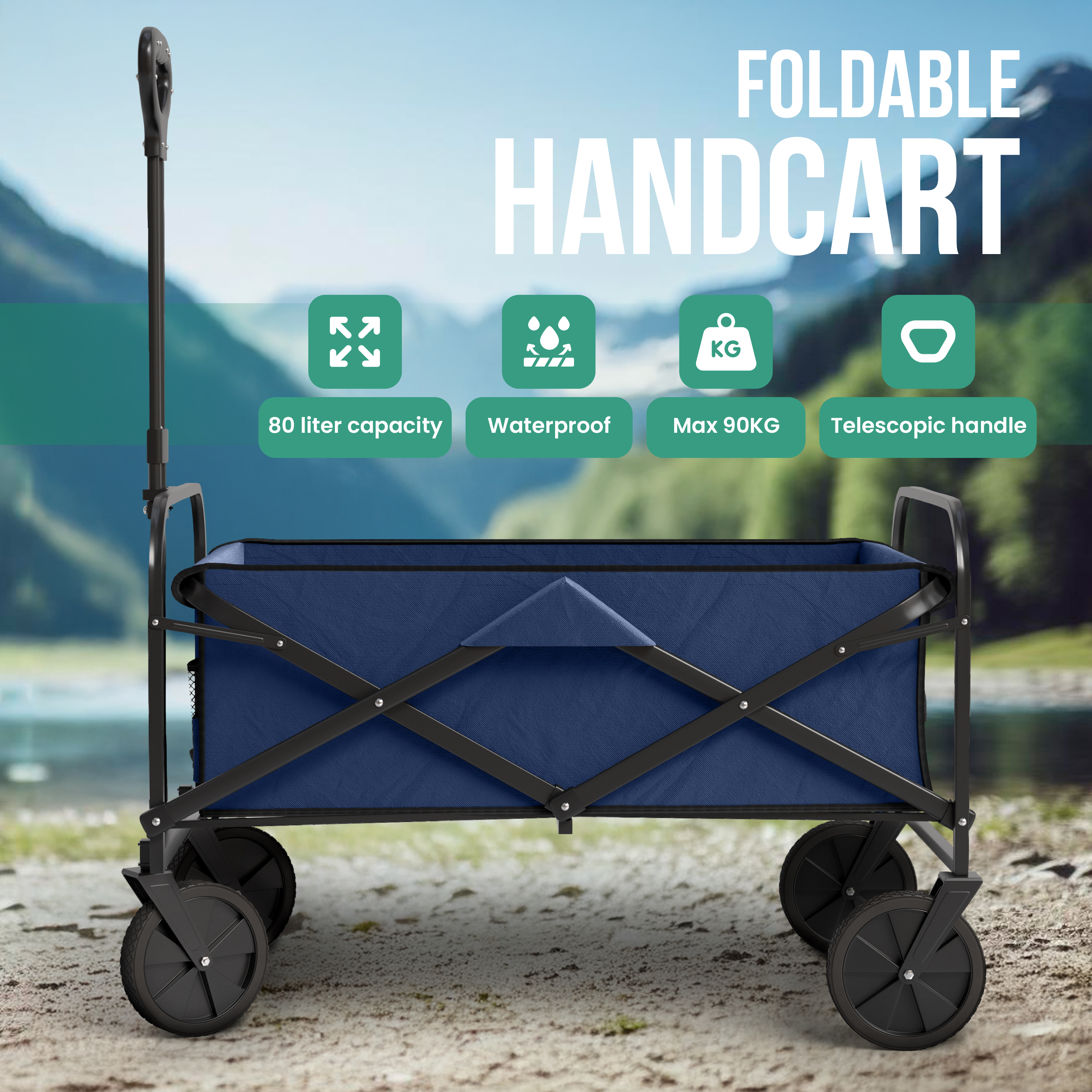Blauer faltbarer Handwagen mit schwarzem Metallgestell und großen Rädern auf Schotter, vor Berglandschaft.