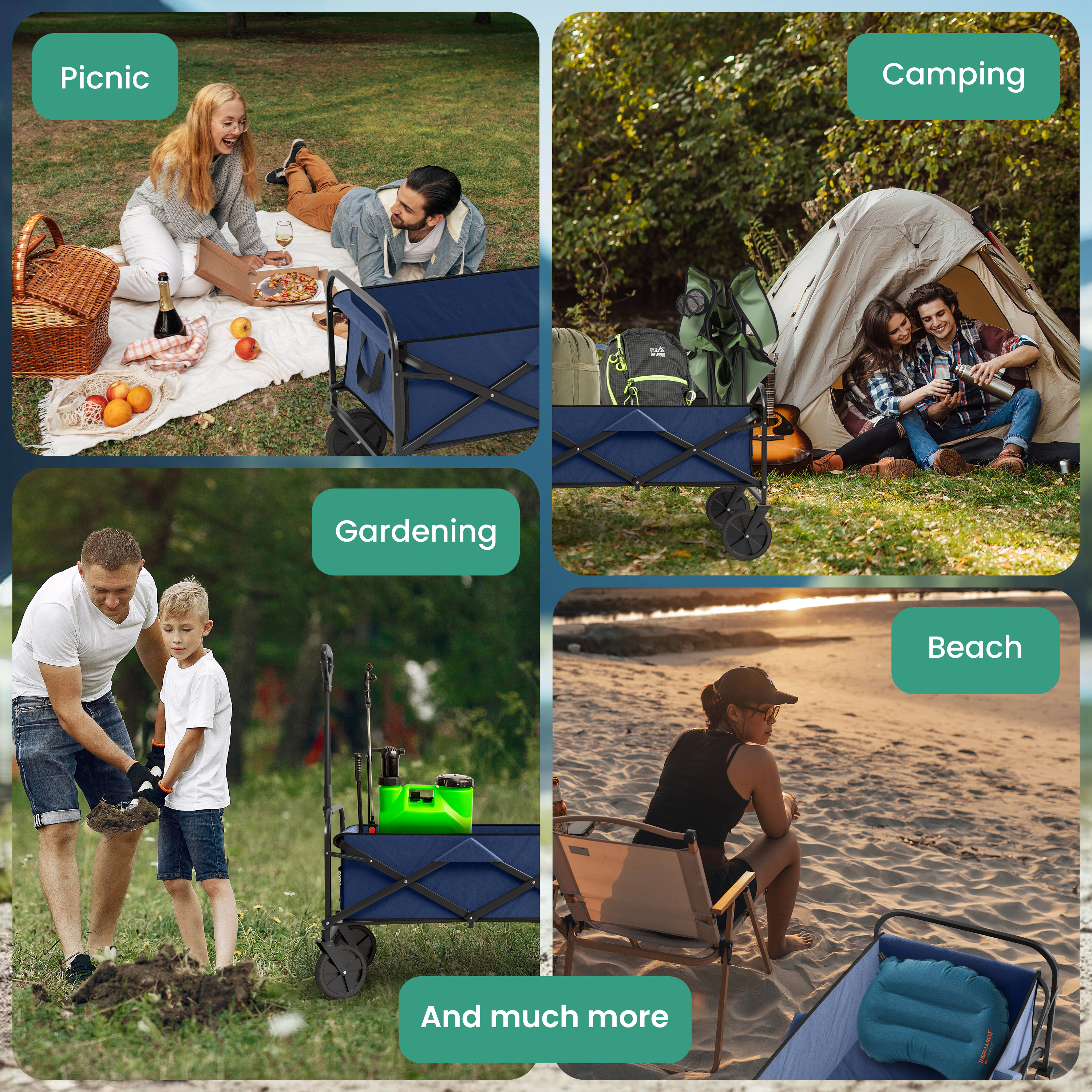 Vier Bilder zeigen einen blauen Faltwagen bei Picknick, Camping, Gartenarbeit und am Strand.
