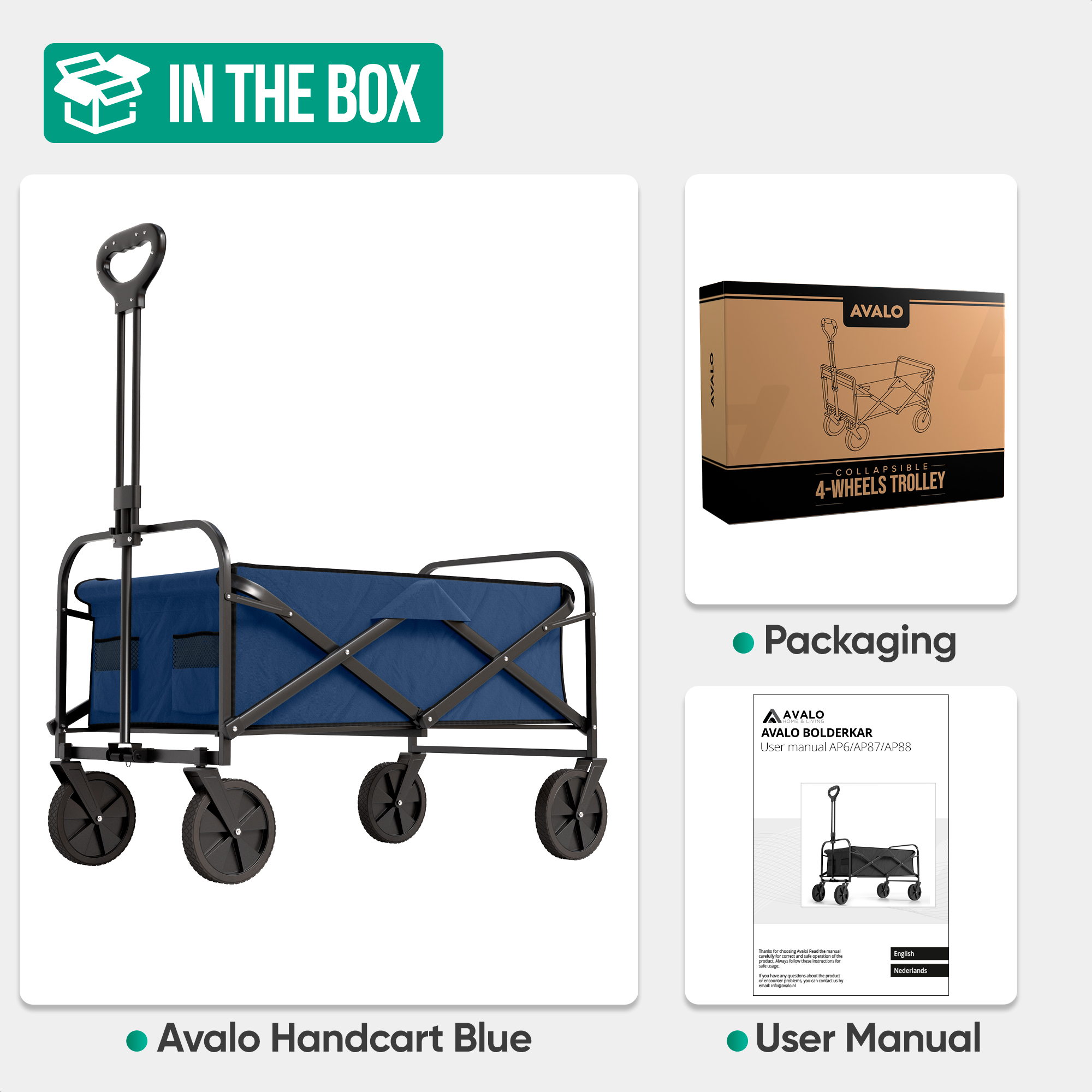 Ein blauer Handwagen, die Verpackung und das Handbuch.