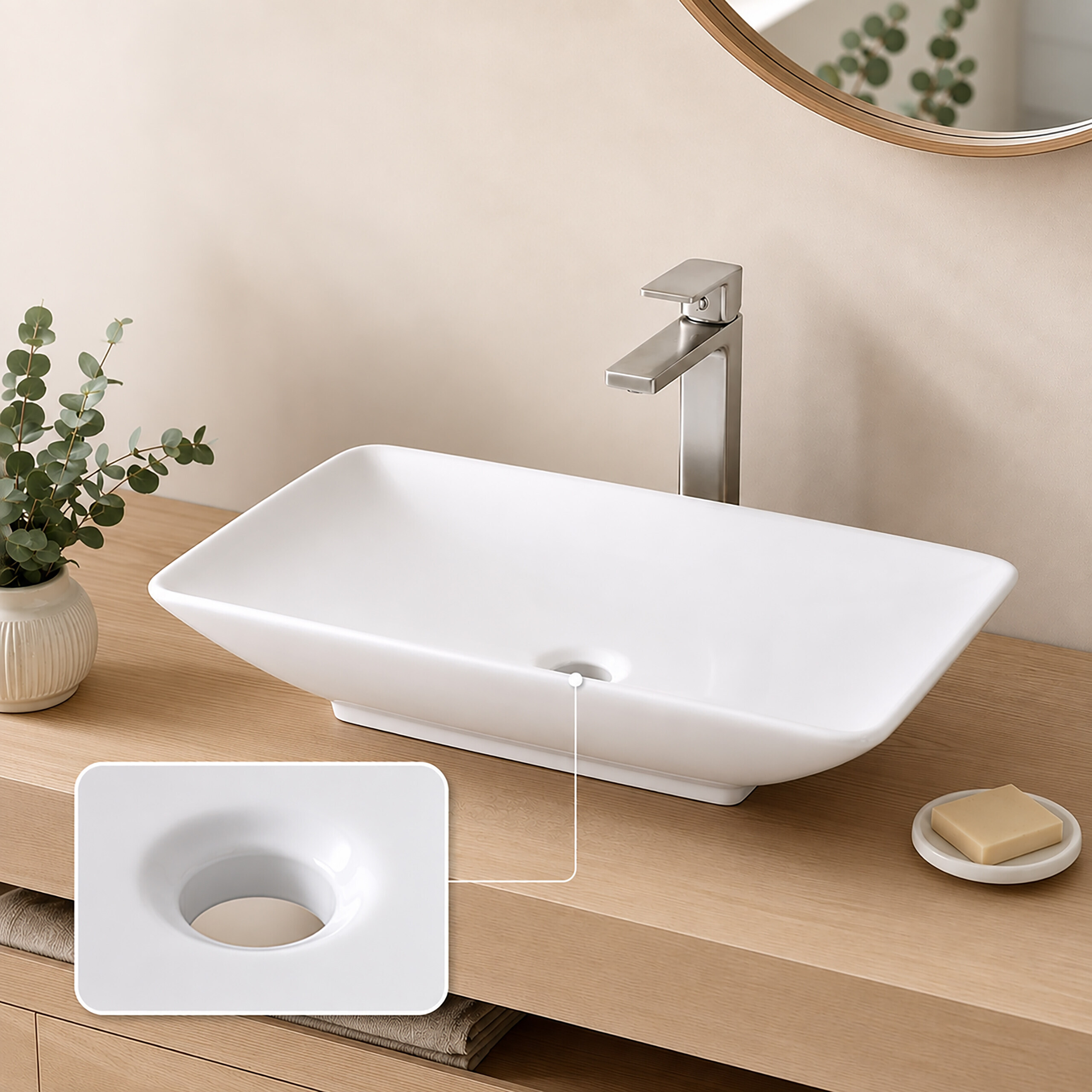 Ein weißes Waschbecken auf einem Holzwaschtisch mit Metallarmatur, Pflanze und Seife, samt Nahansicht des Abflusses.