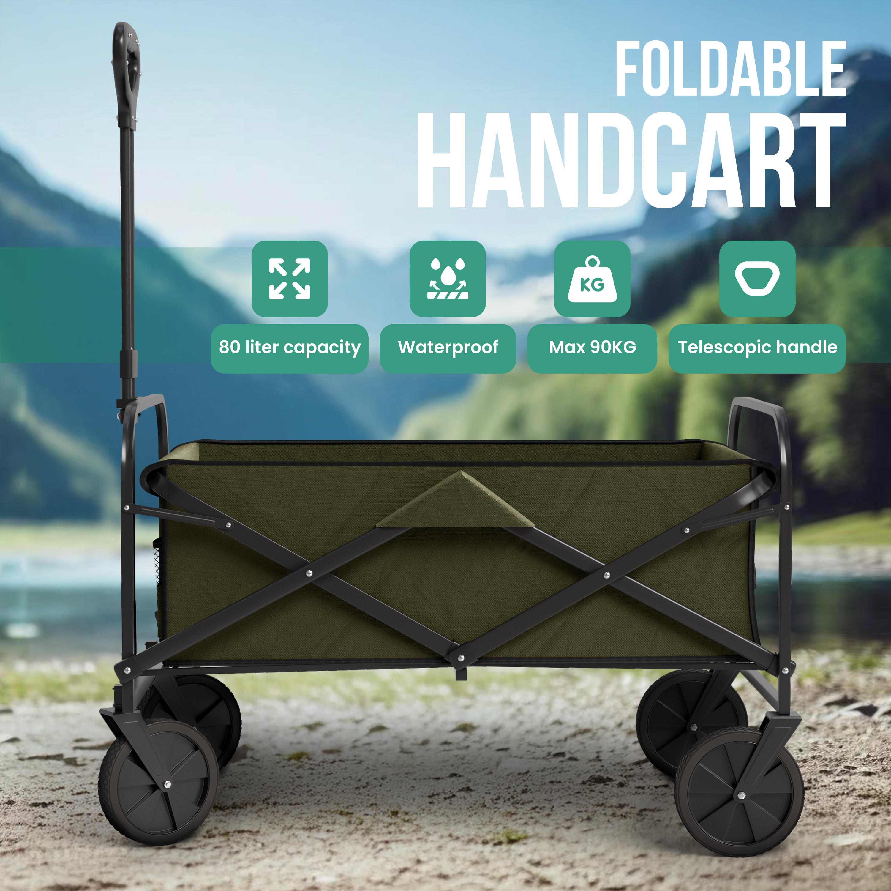 Grüner, faltbarer Handwagen mit schwarzem Rahmen, Teleskopstange und vier Rädern vor einer Berglandschaft.