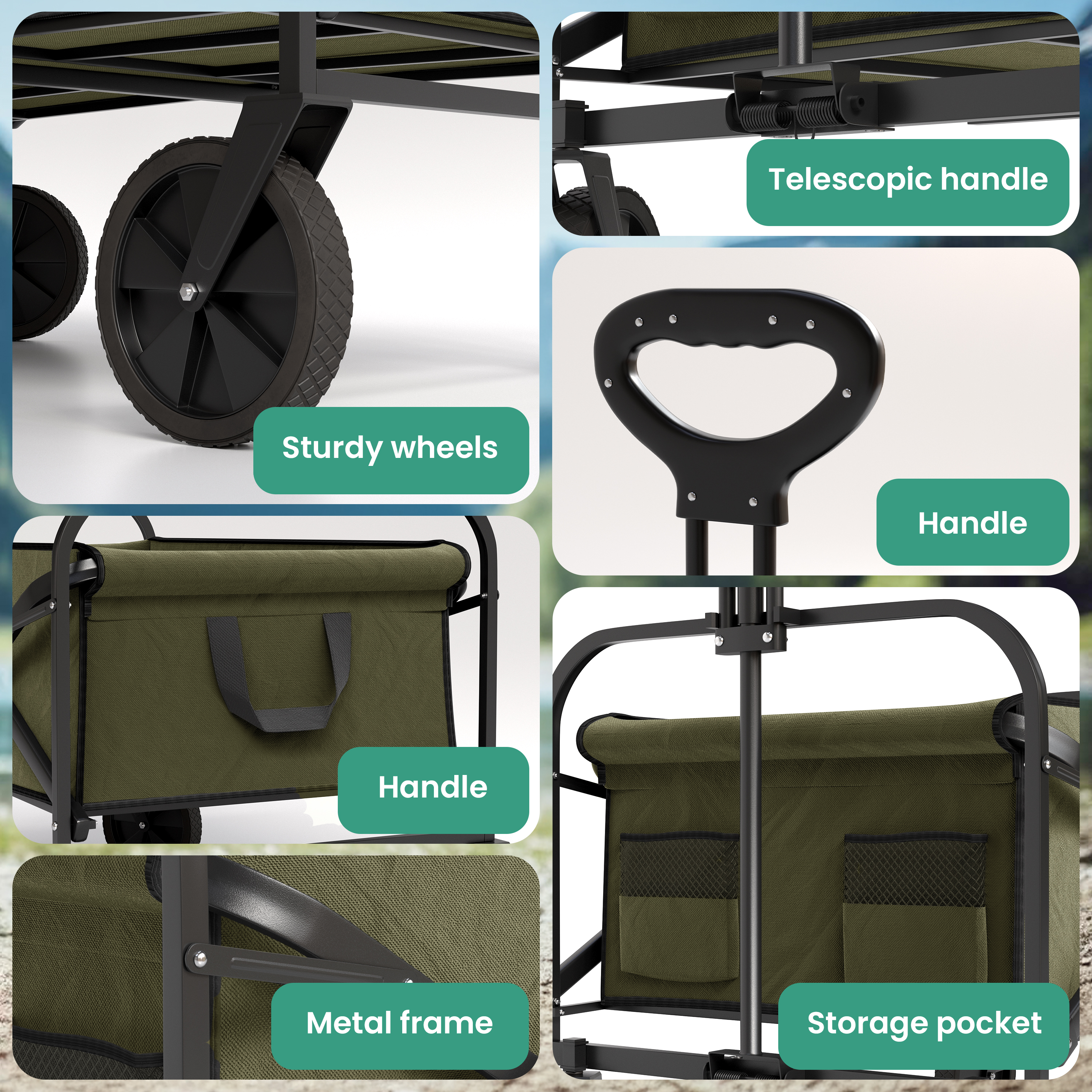 Sechs Detailansichten eines grünen Bollerwagens mit stabilen Rädern, Metallrahmen und Taschen.