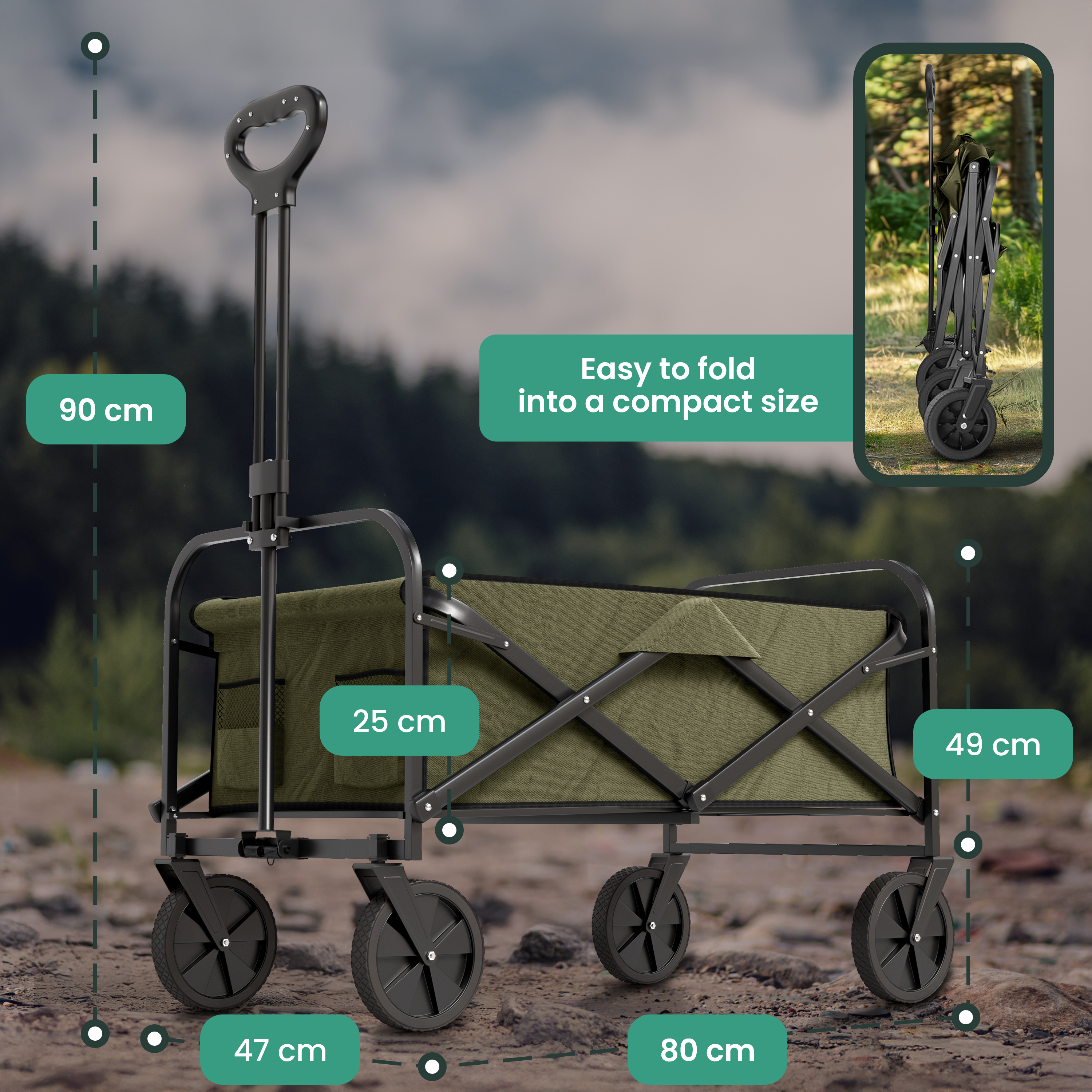 Grüner, faltbarer Handwagen mit schwarzen Metallrahmen und Maßangaben.