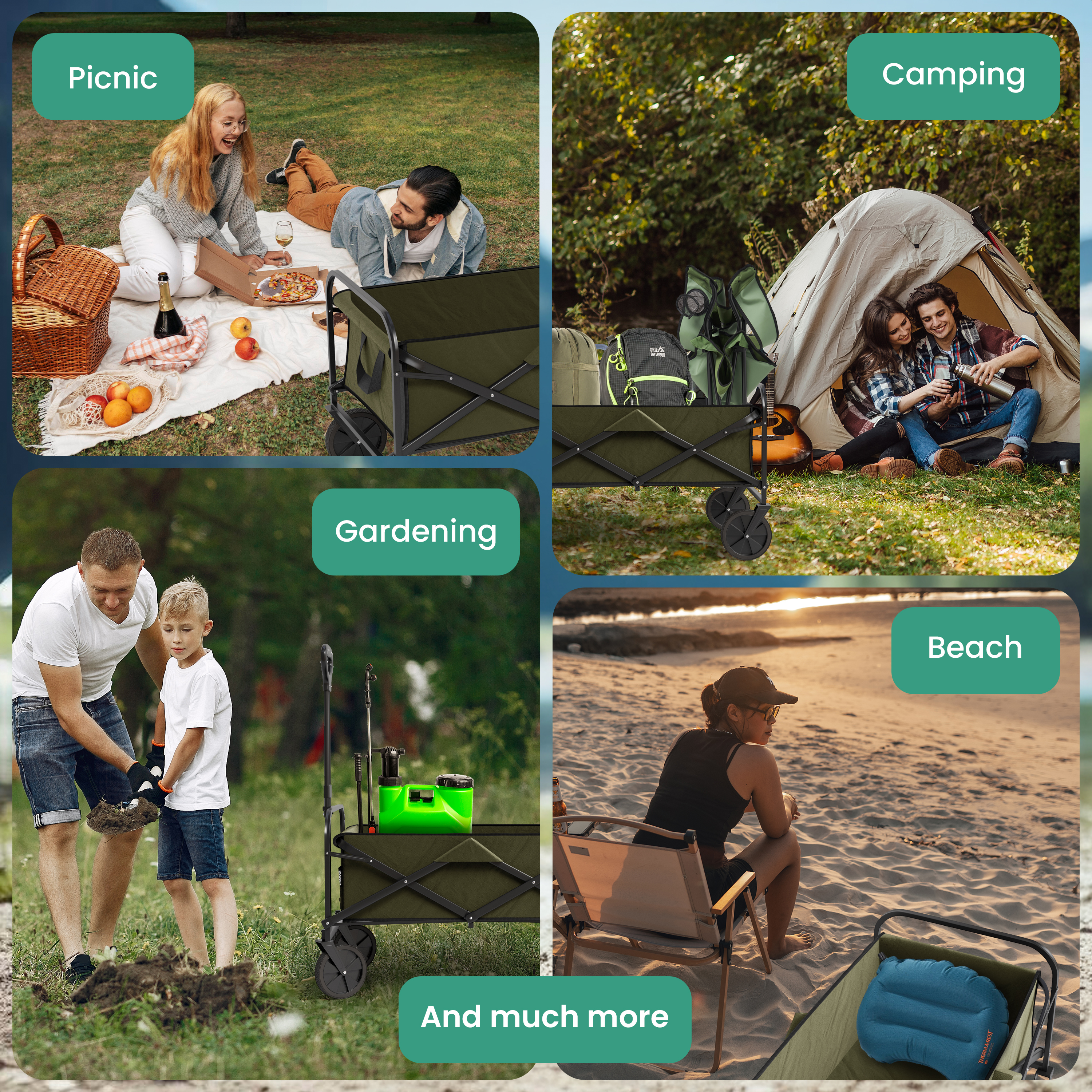 Ein faltbarer Bollerwagen in vier Szenen: Picknick, Camping, Gartenarbeit und am Strand.