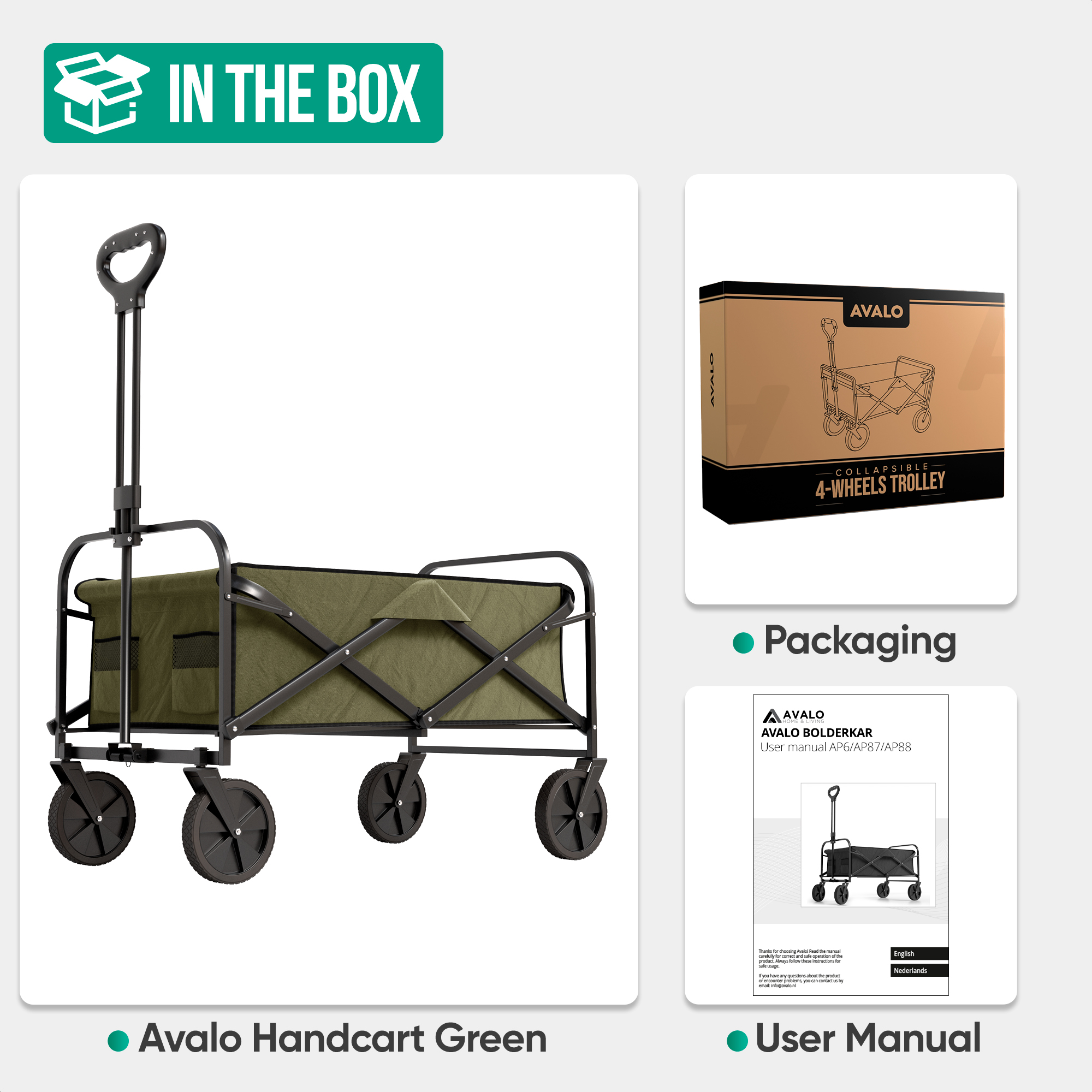Grüner Bollerwagen, Produktverpackung und Benutzerhandbuch auf weißem Hintergrund.