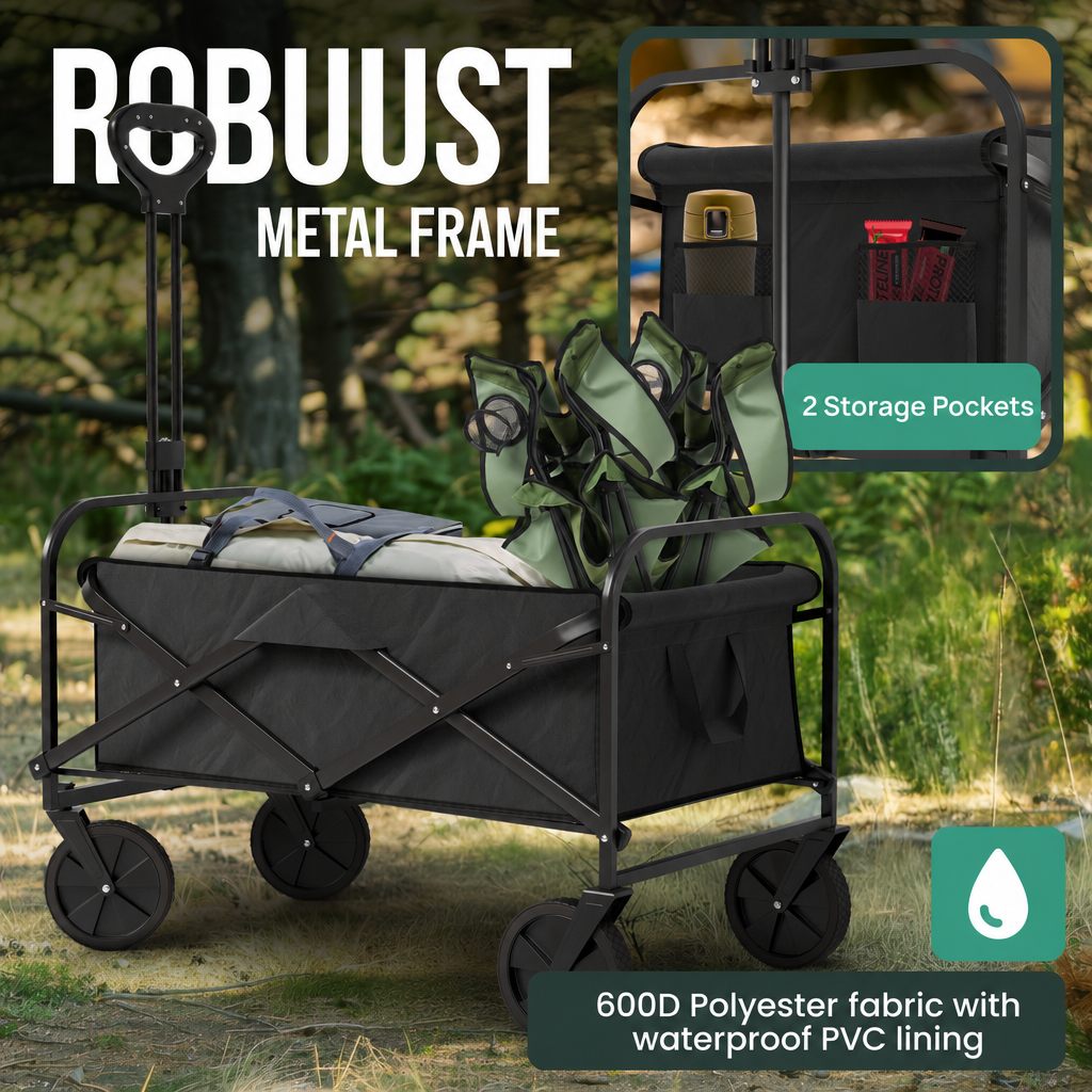 Schwarzer Bollerwagen mit Metallrahmen, Stautaschen und wasserdichtem 600D-Polyestergewebe im Wald.