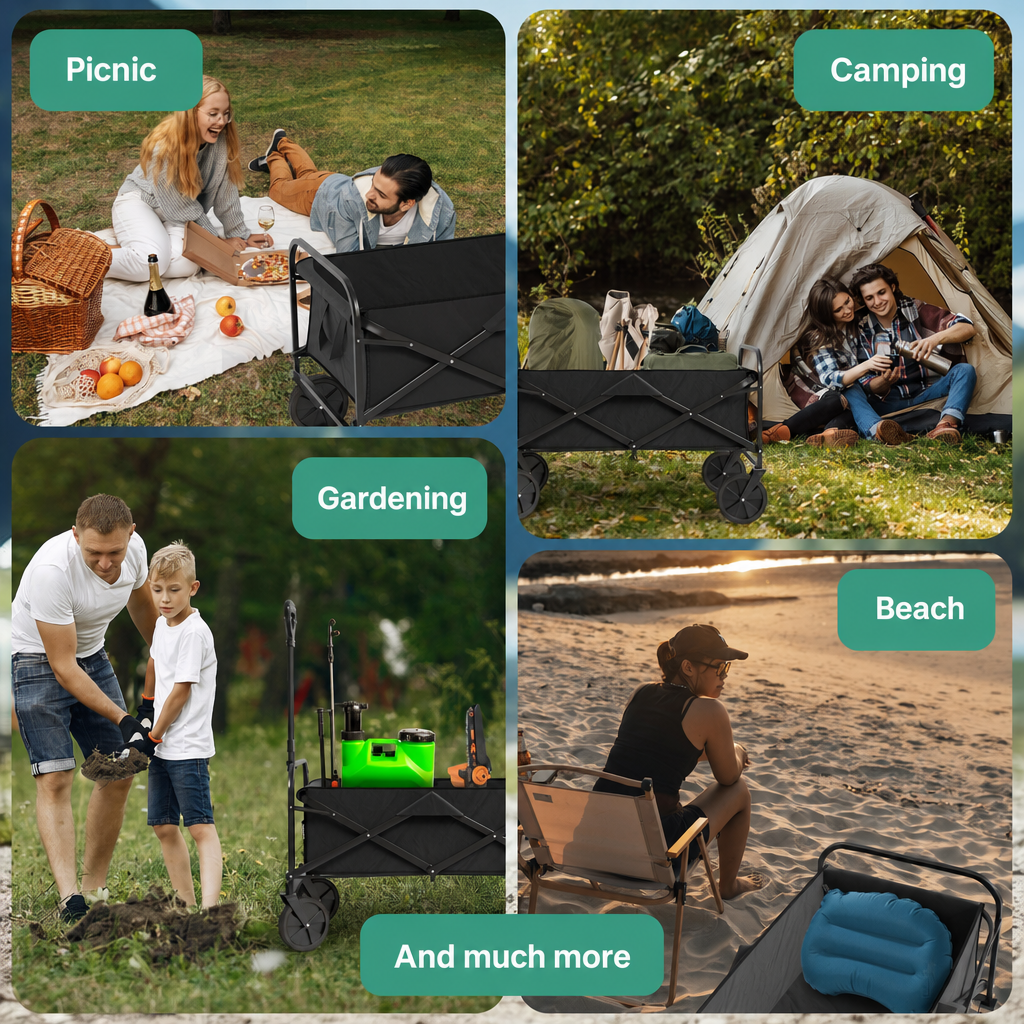 Vier Bilder zeigen die Nutzung eines schwarzen Bollerwagens beim Picknick, Camping, Gartenbau und am Strand.