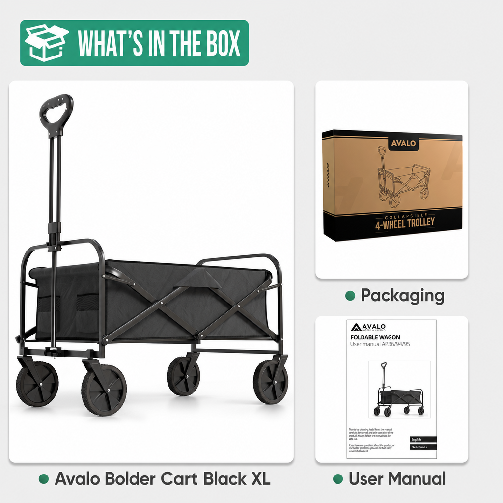 Ein schwarzer Avalo XL Bollerwagen mit Verpackung und Bedienungsanleitung.