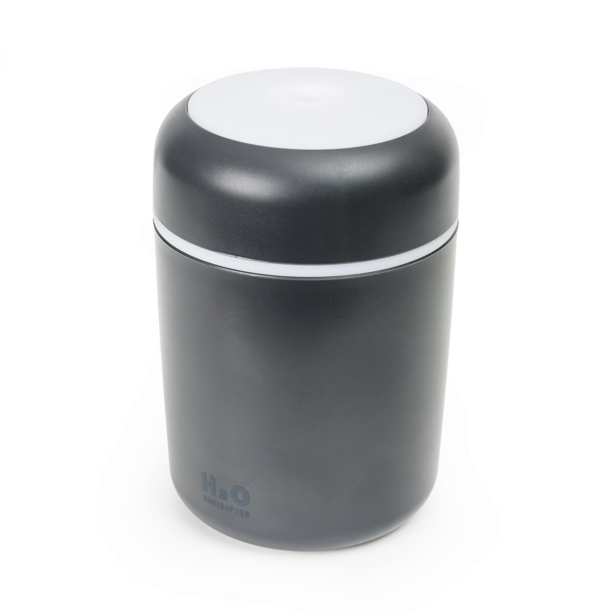 Ein schwarz-weißer, tragbarer H2O-Luftbefeuchter vor schlichter weißer Kulisse.
