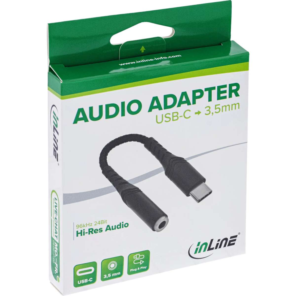 Grüne und weiße Verpackung eines InLine USB-C zu 3,5mm Audio-Adapters mit schwarzem Kabel.