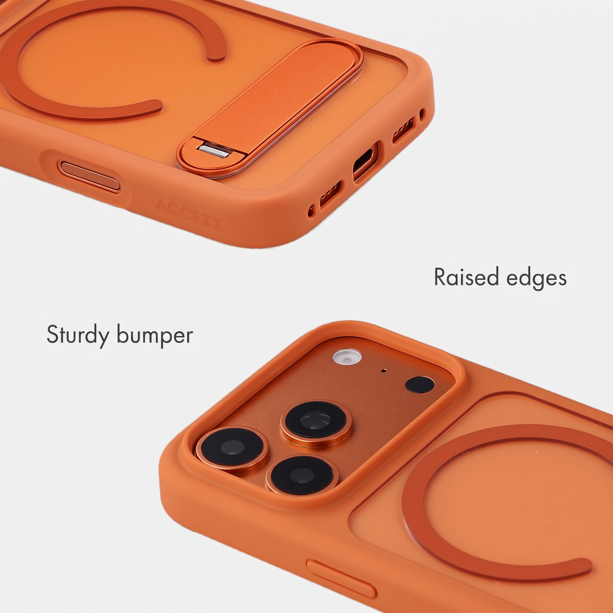 Orangene Smartphone-Hülle mit integriertem Ständer und erhöhtem Rand für Kameraschutz.