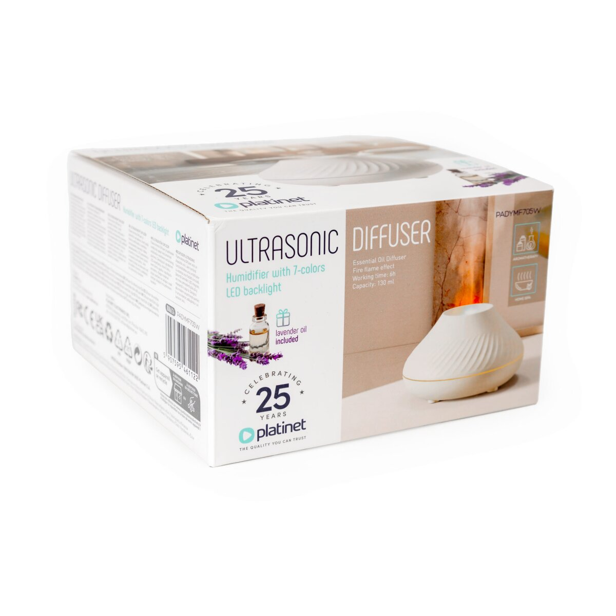 Eine weiße Produktverpackung für einen Platinet Ultraschall-Diffusor mit Lavendelöl auf weißem Hintergrund.