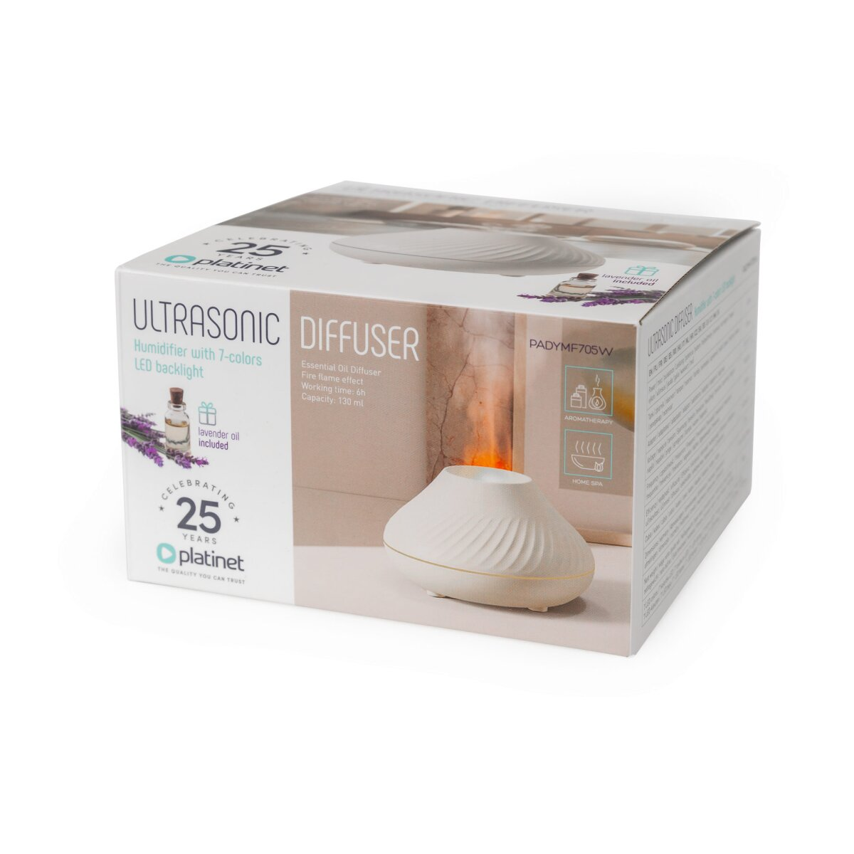 Produktverpackung eines weißen Ultraschall-Aroma-Diffusers mit Flammen-Effekt und lavendelöl.