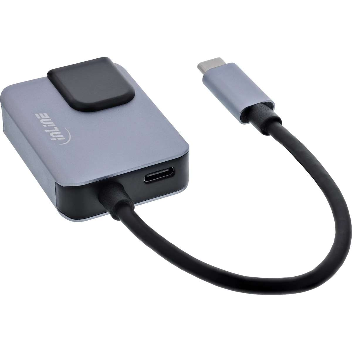 Ein grauer USB-C-Hub mit schwarzem Kabel und Stecker vor weißem Hintergrund.