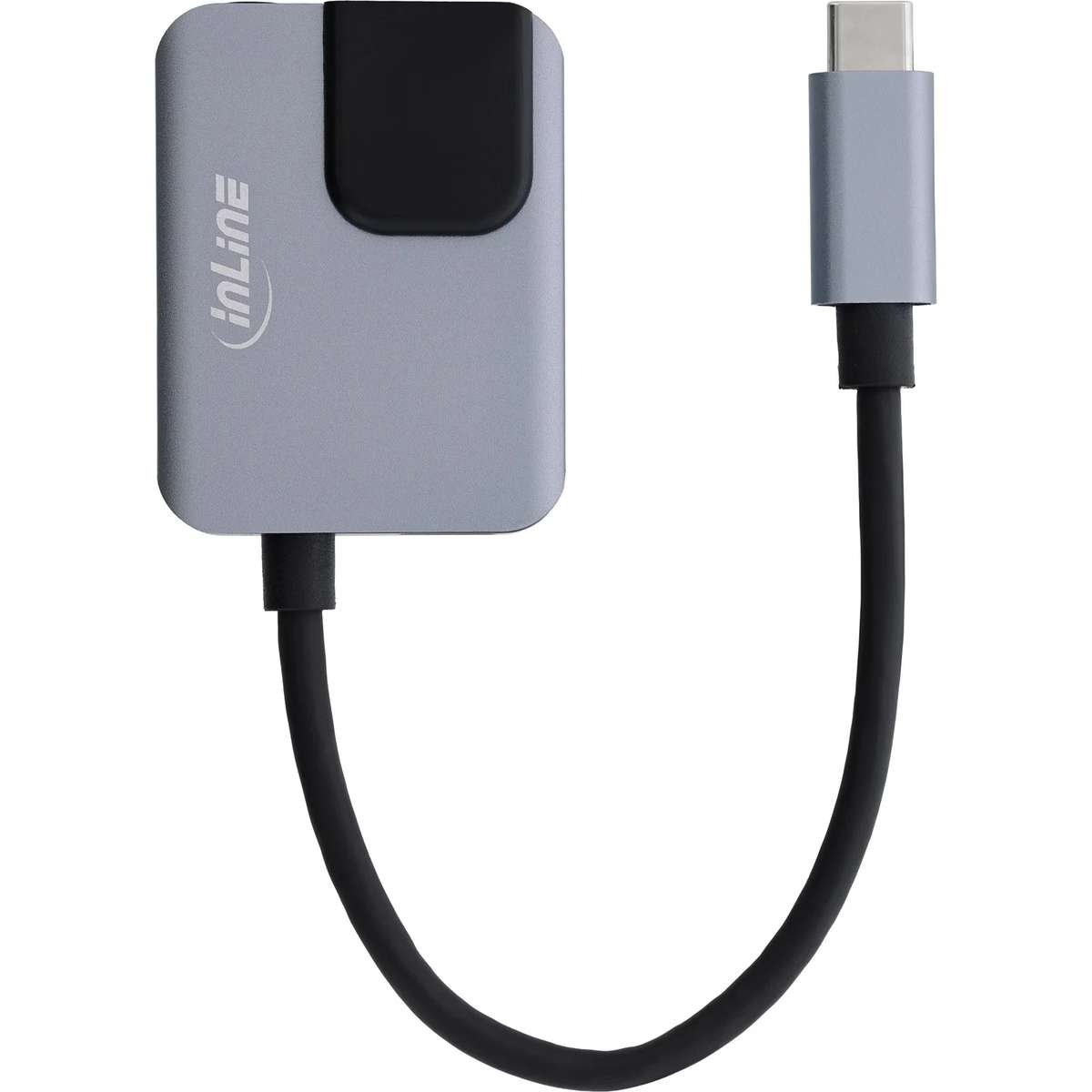 Grauer USB-C-Adapter mit einem kurzen schwarzen Kabel und InLine-Logo.