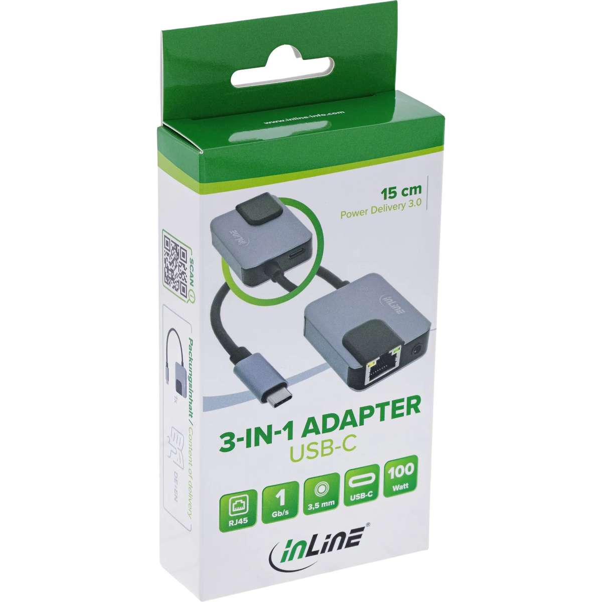 Grüne und weiße Produktverpackung eines USB-C 3-in-1-Adapters mit Abbildung des Geräts und technischen Details.