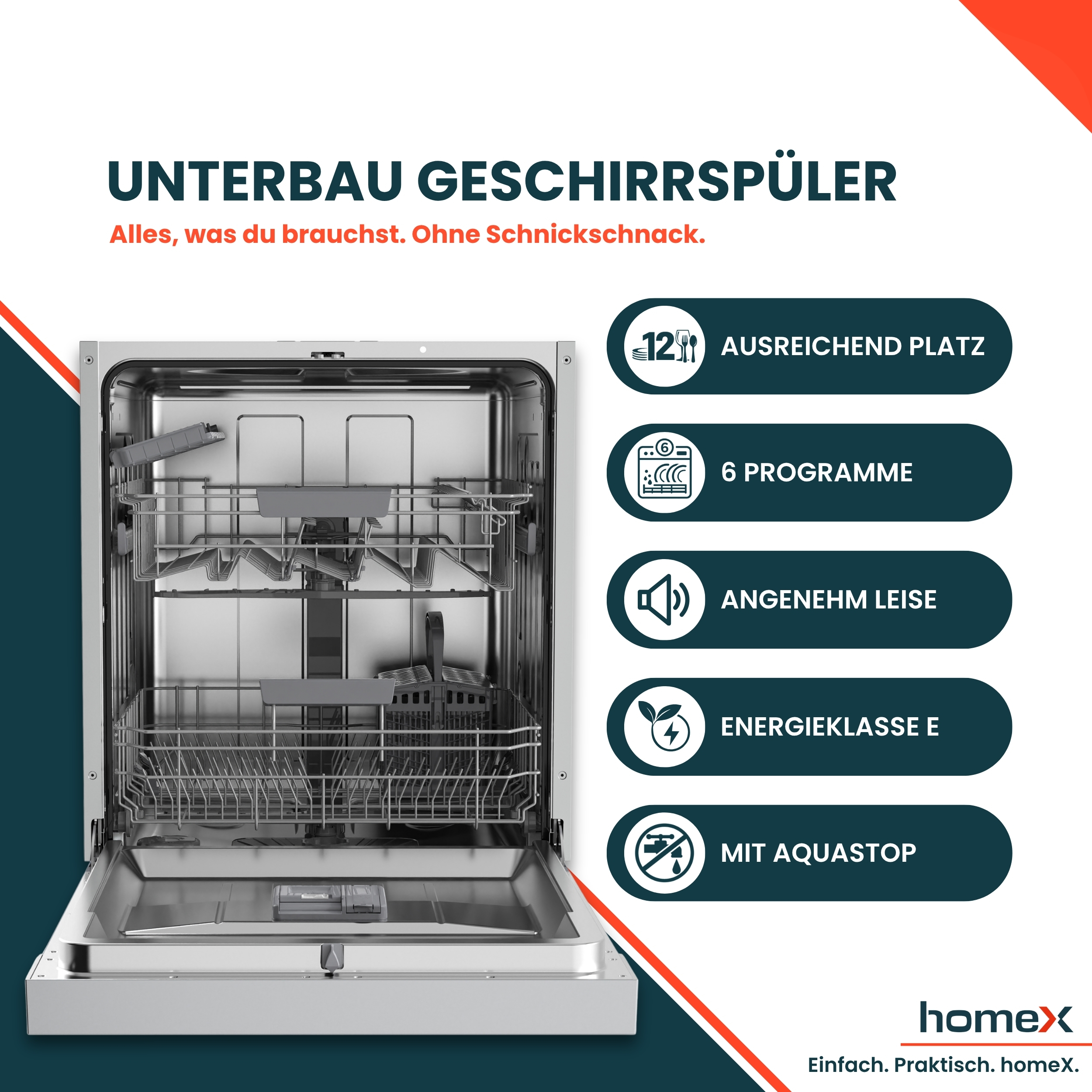 Unterbaugeschirrspüler mit offenen Körben und fünf Funktionssymbolen auf der rechten Seite.