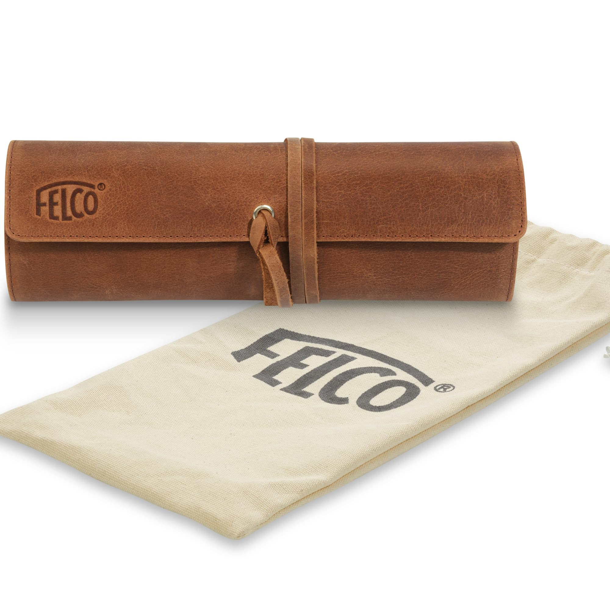 Eine braune Leder-Werkzeugtasche mit Felco-Logo liegt auf einer weißen Oberfläche neben einem Beutel.
