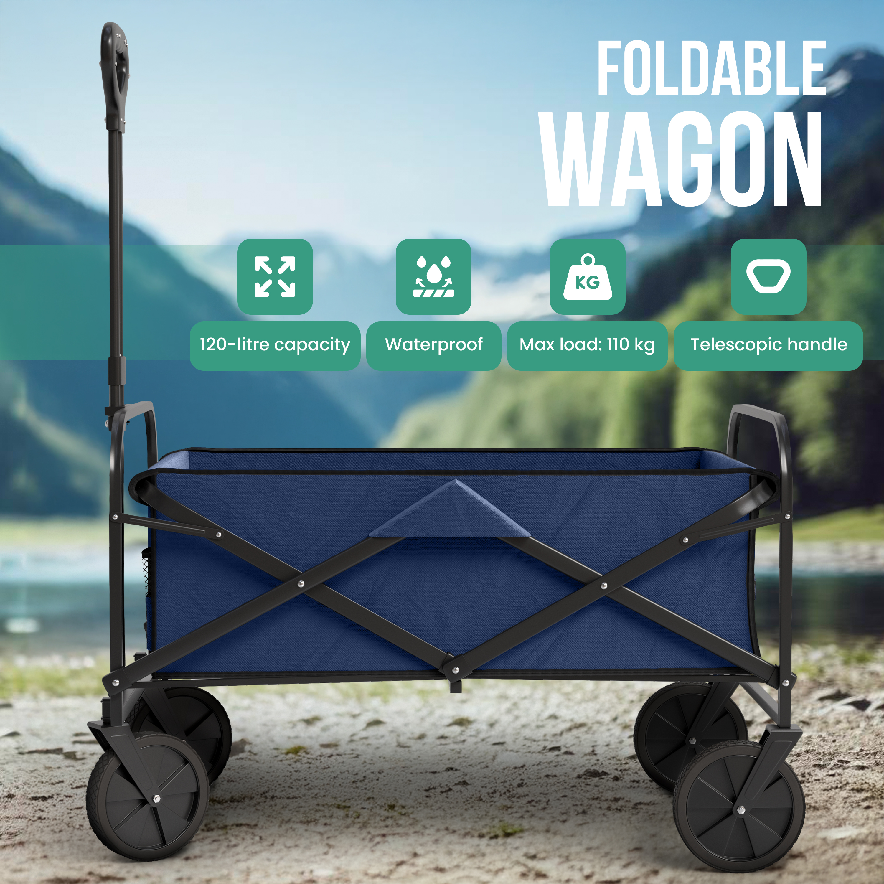 Blauer Klappbollerwagen vor einer Bergkulisse mit Textfeldern für Kapazität, Wasserdichtigkeit, Last und Griff.