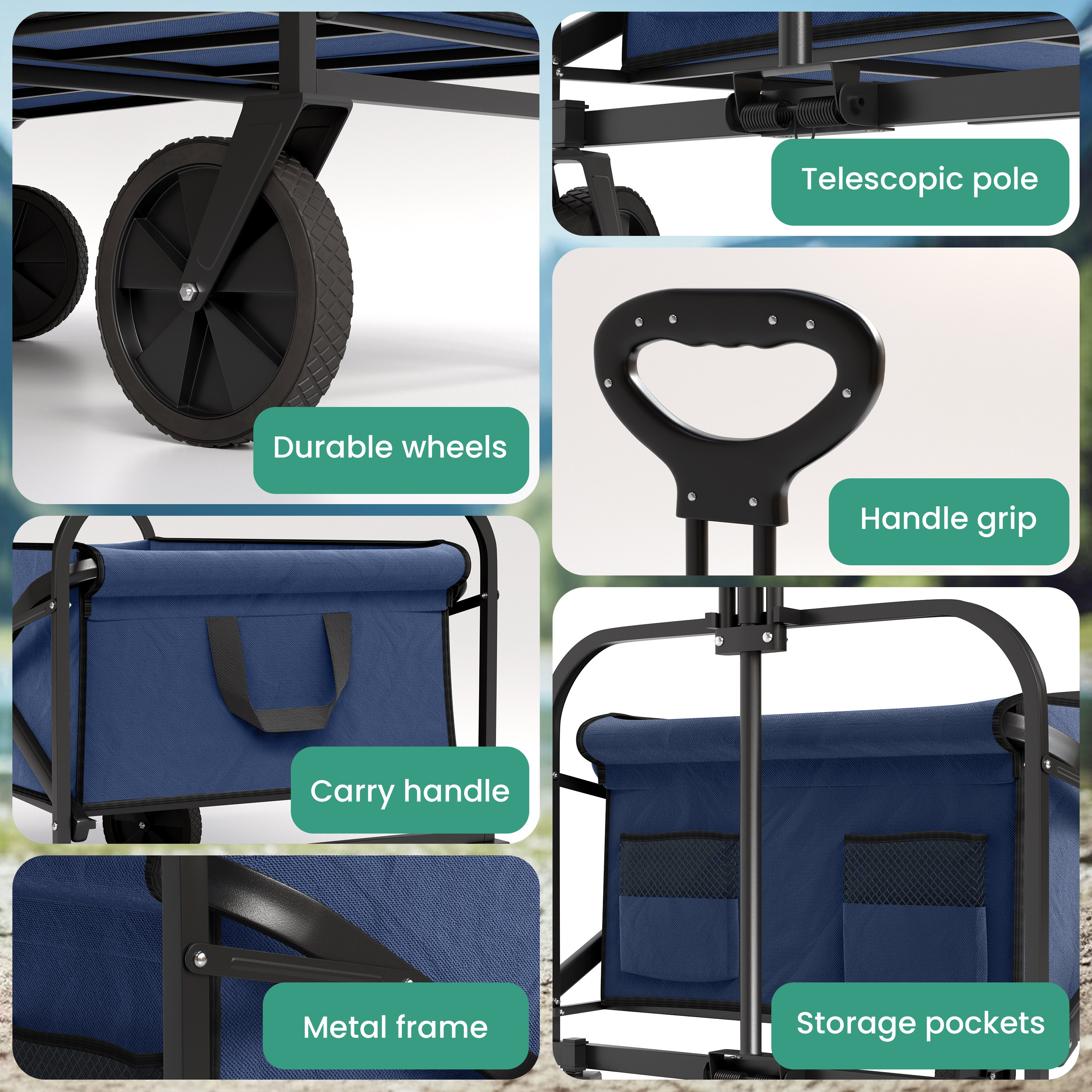 Merkmale eines blauen Bolwagens mit Rädern, Griff, Teleskopstange, Stofftasche und Rahmen in Detailansichten.
